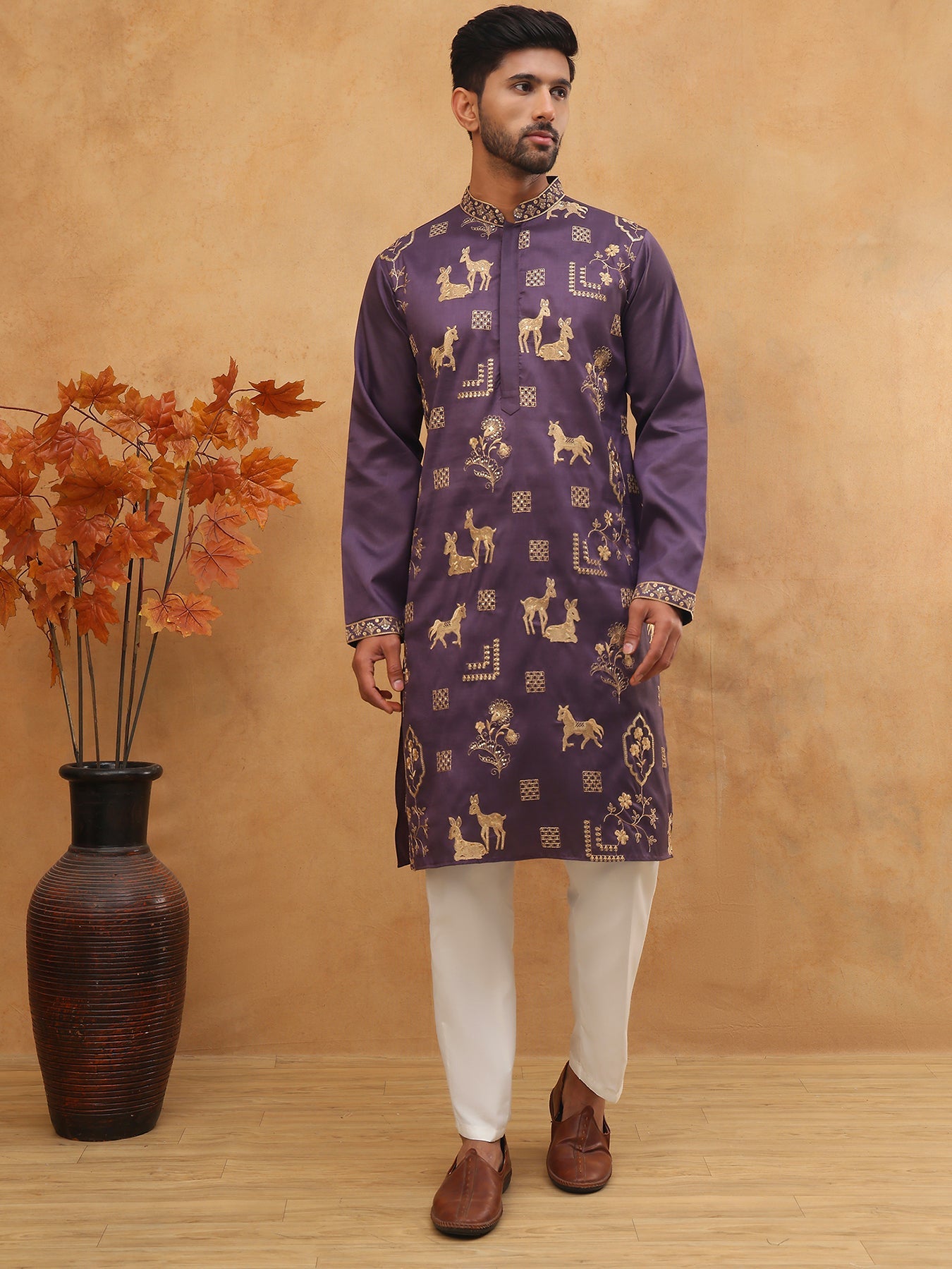 Men Silk Blend Kurta Pyjama with Embroidery (65KP 5412 Purple ) [FF] [F-3]