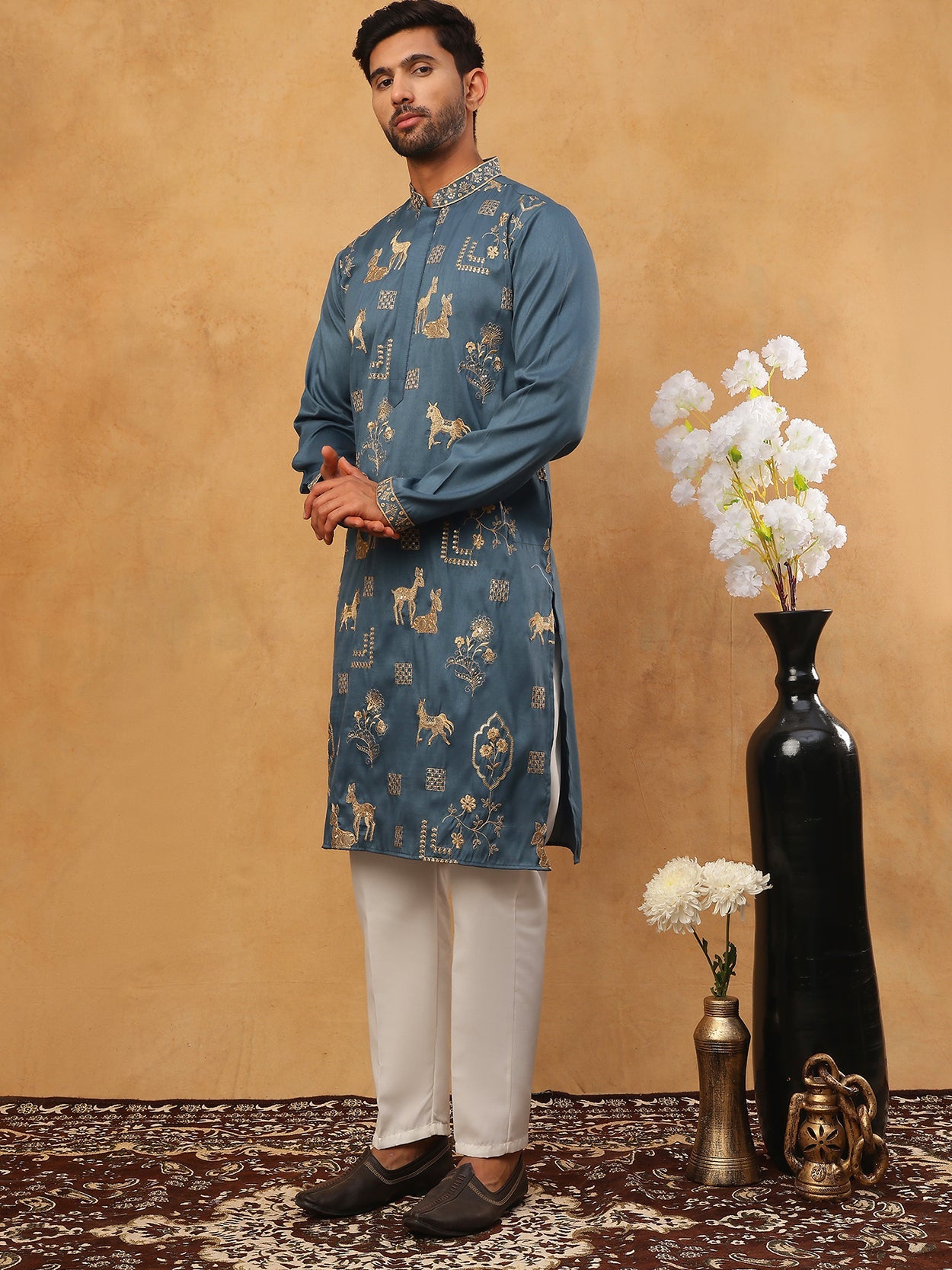 Men Silk Blend Kurta Pyjama with Embroidery (65KP 5412 Teal ) [FF] [F-3]
