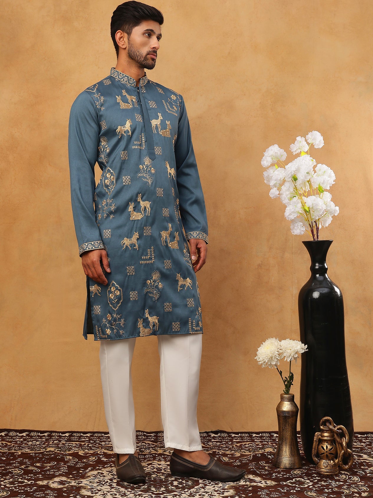 Men Silk Blend Kurta Pyjama with Embroidery (65KP 5412 Teal ) [FF] [F-3]
