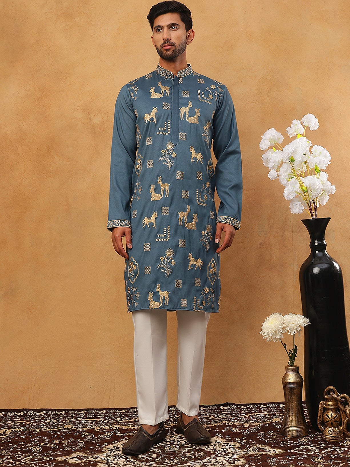 Men Silk Blend Kurta Pyjama with Embroidery (65KP 5412 Teal ) [FF] [F-3]