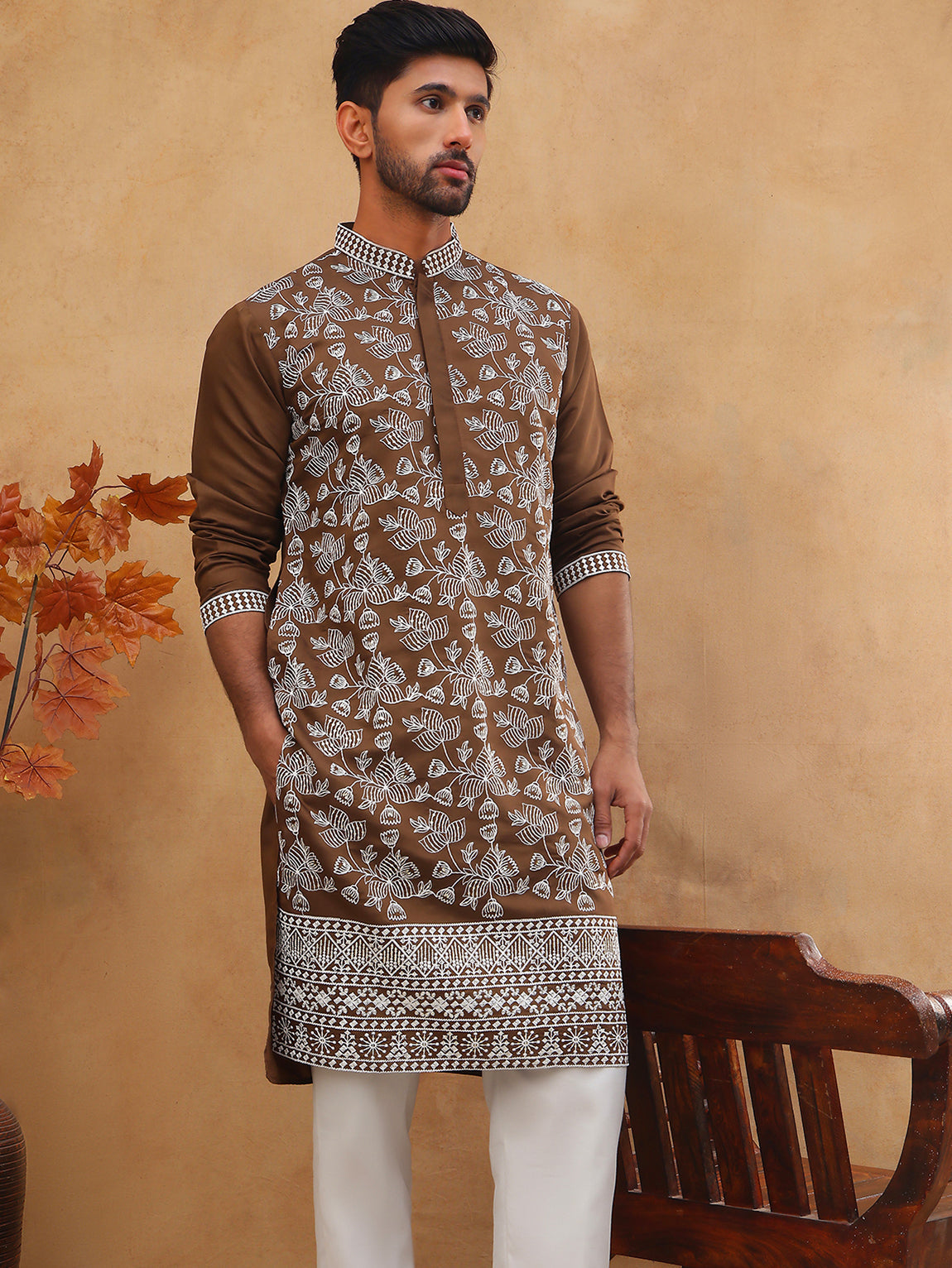 Men Ethnic Embroidered Kurta Pyjama Set (65KP 5413 Brown ) [FF] [Q-11-14]