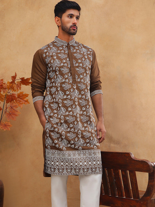 Men Ethnic Embroidered Kurta Pyjama Set (65KP 5413 Brown ) [FF] [Q-11-14]