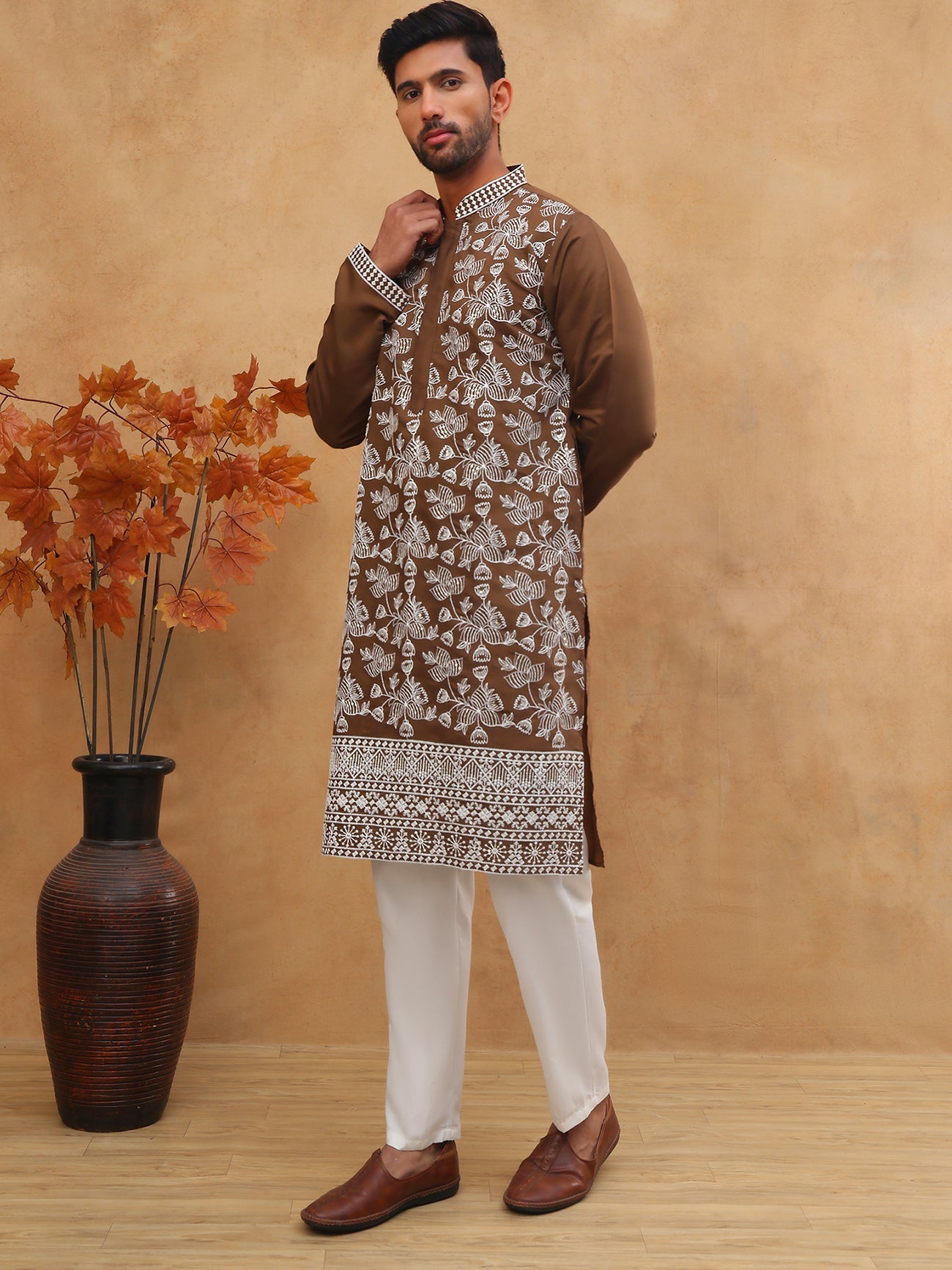Men Ethnic Embroidered Kurta Pyjama Set (65KP 5413 Brown ) [FF] [Q-11-14]