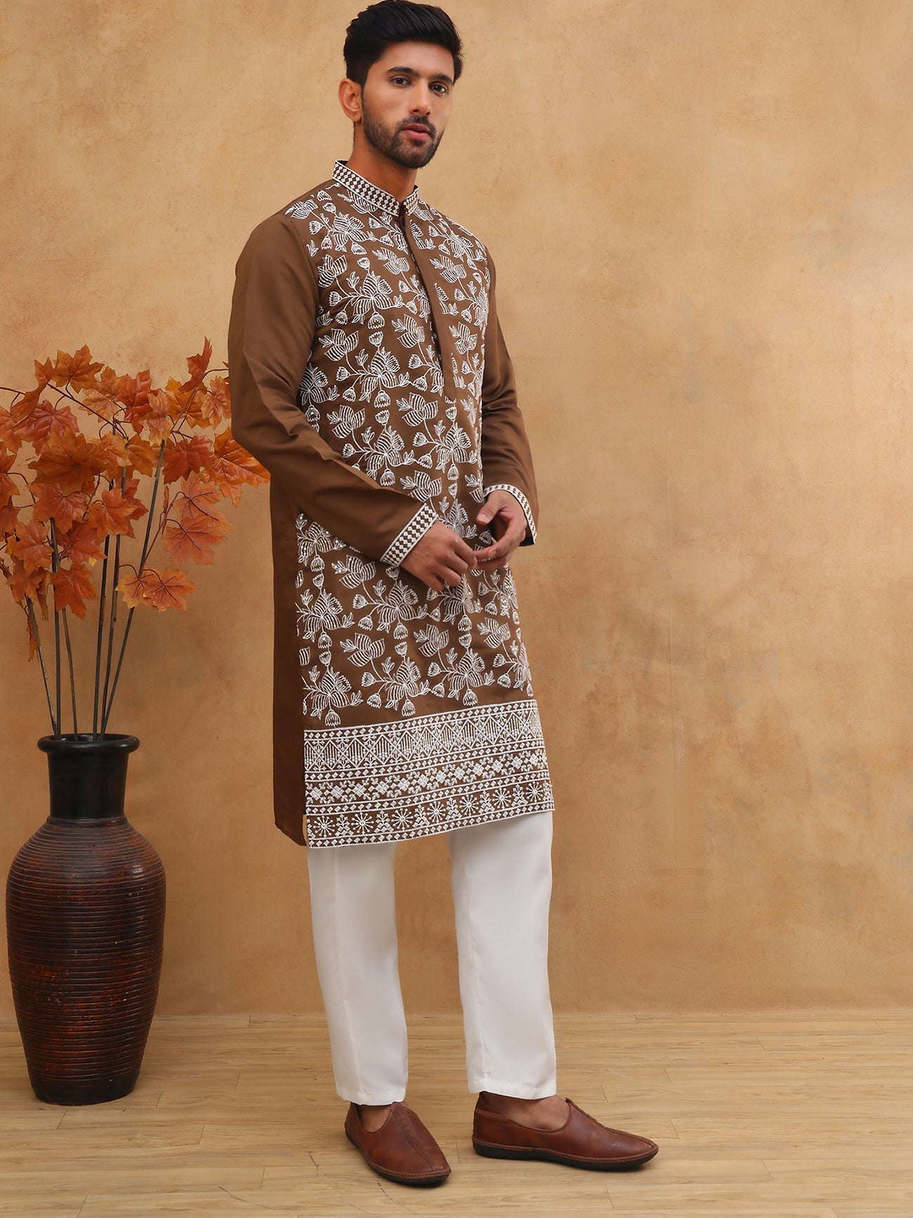 Men Ethnic Embroidered Kurta Pyjama Set (65KP 5413 Brown ) [FF] [Q-11-14]