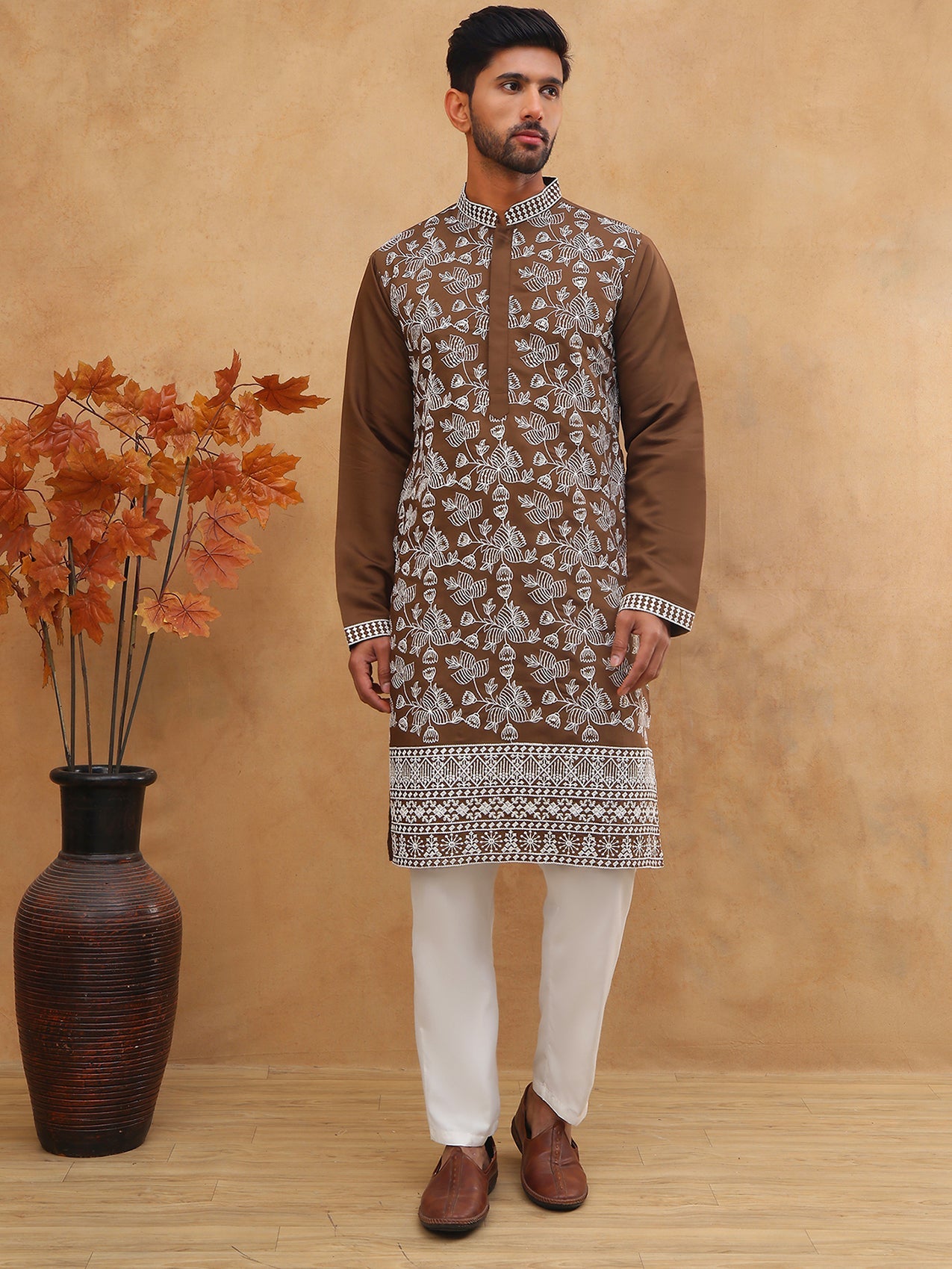 Men Ethnic Embroidered Kurta Pyjama Set (65KP 5413 Brown ) [FF] [Q-11-14]