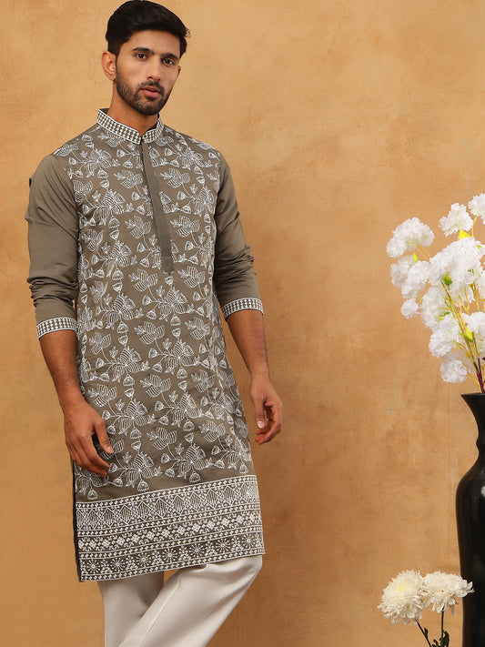 Men Ethnic Embroidered Kurta Pyjama Set (65KP 5413 Grey ) [FF] [Q-11-14]