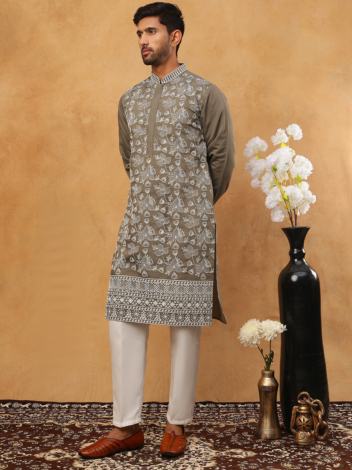 Men Ethnic Embroidered Kurta Pyjama Set (65KP 5413 Grey ) [FF] [Q-11-14]