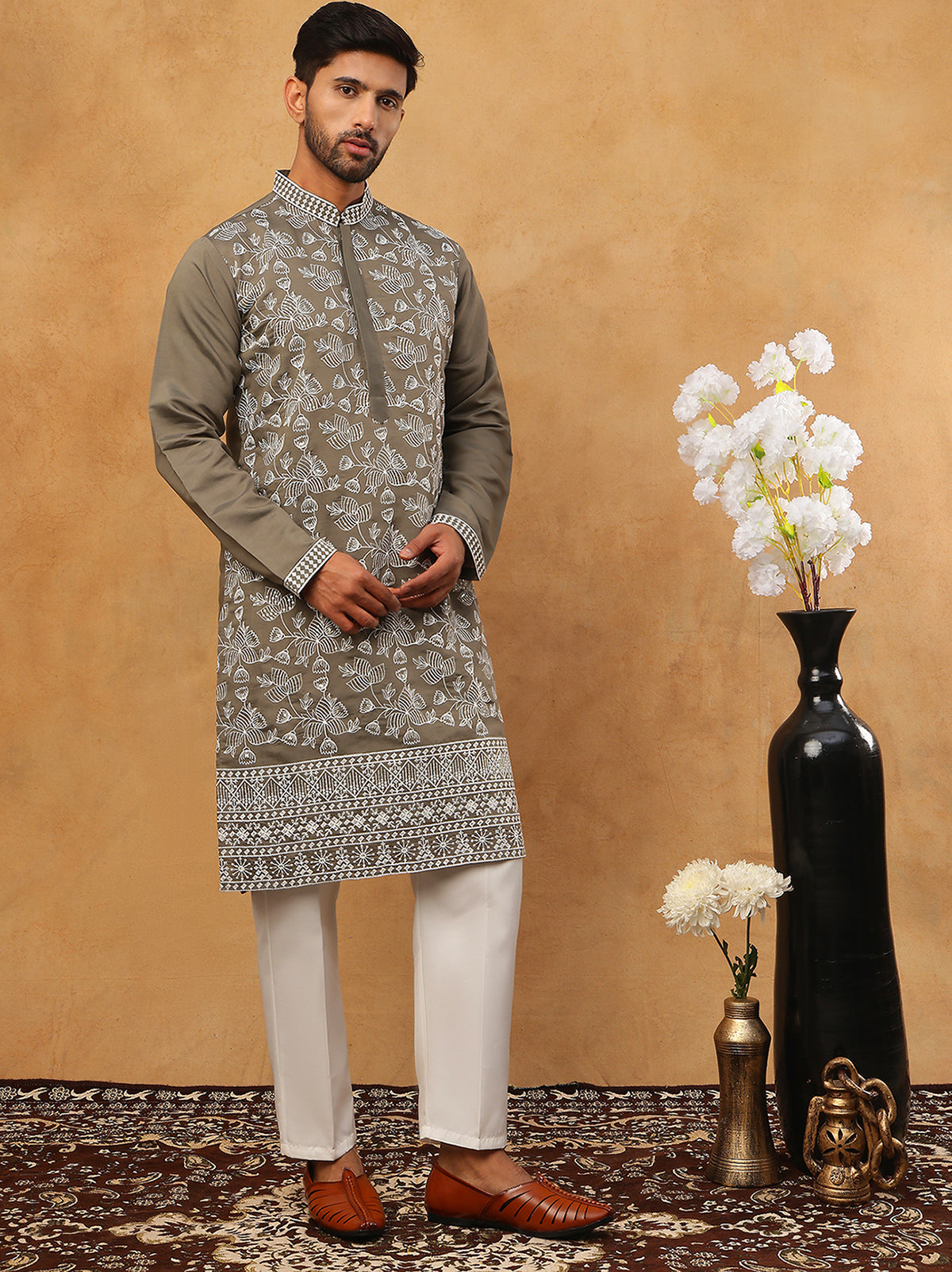 Men Ethnic Embroidered Kurta Pyjama Set (65KP 5413 Grey ) [FF] [Q-11-14]