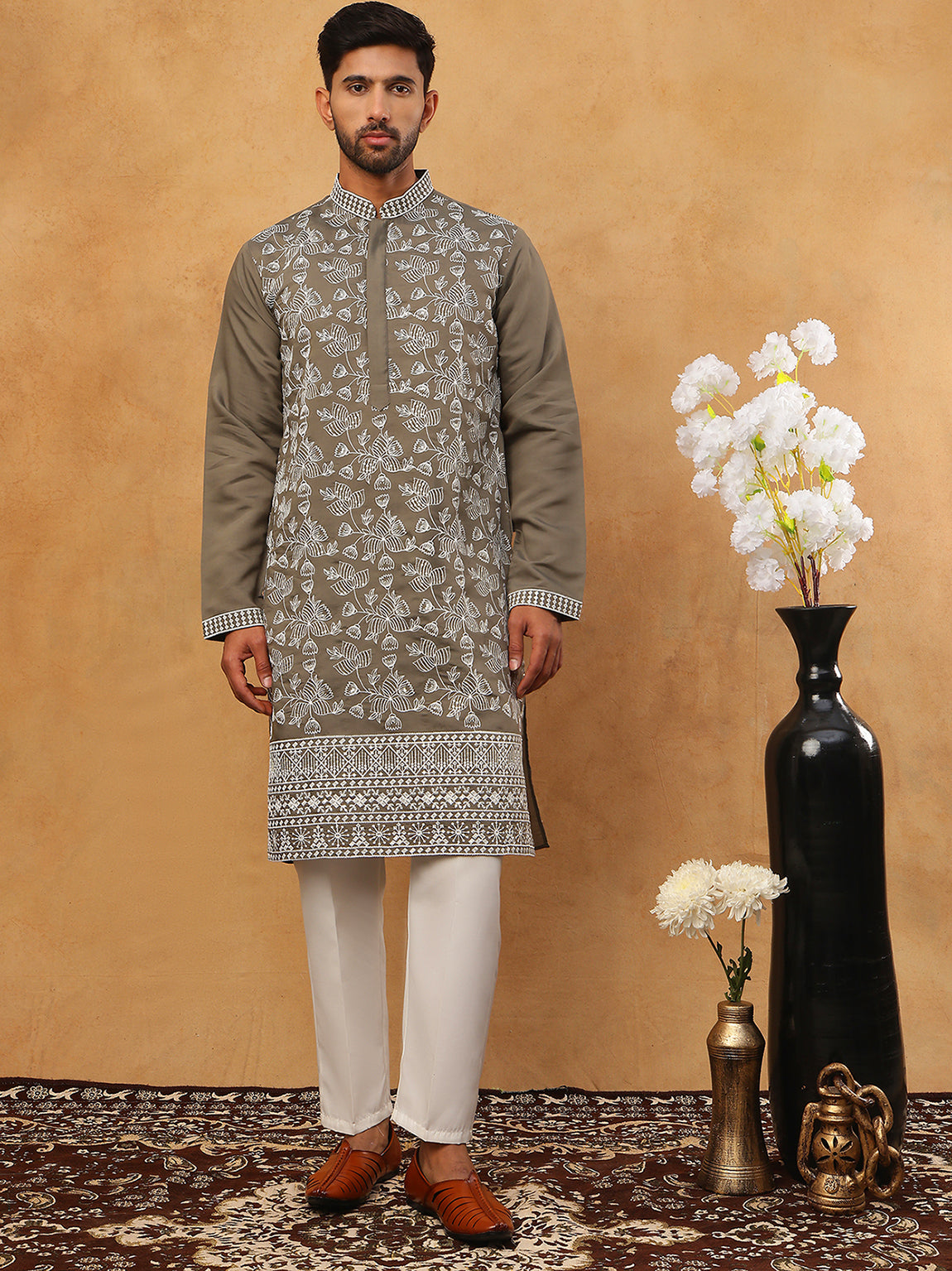 Men Ethnic Embroidered Kurta Pyjama Set (65KP 5413 Grey ) [FF] [Q-11-14]