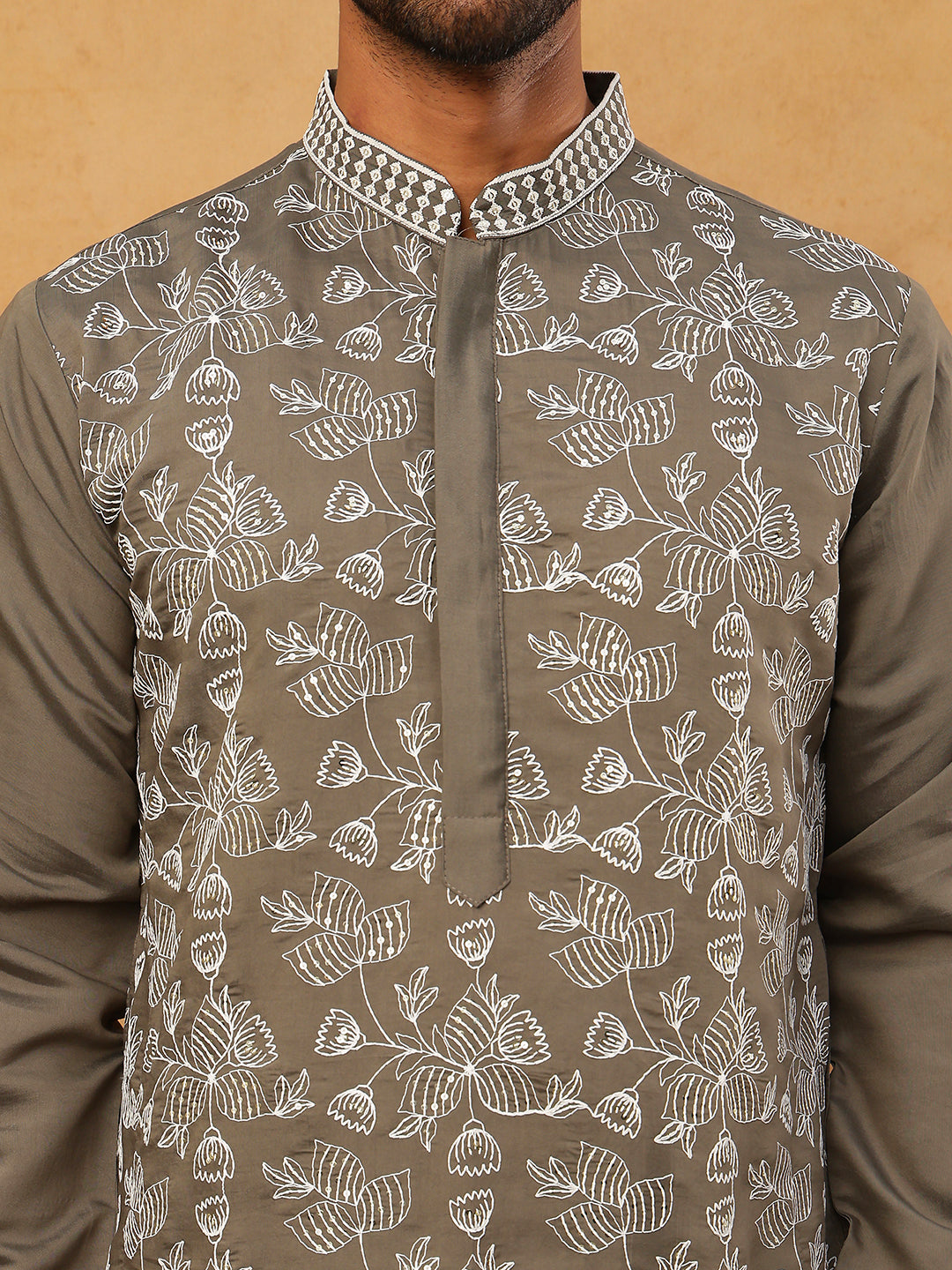 Men Ethnic Embroidered Kurta Pyjama Set (65KP 5413 Grey ) [FF] [Q-11-14]