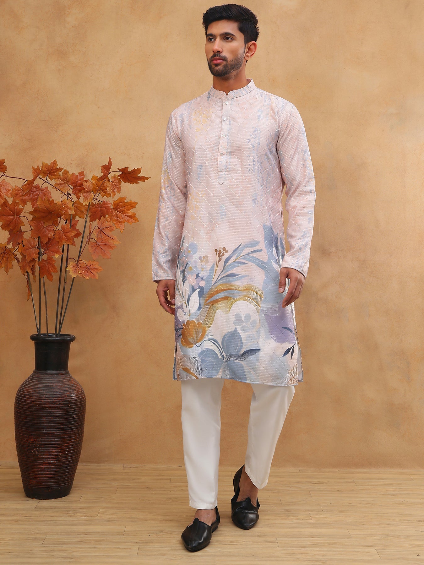Printed Cotton Blend Kurta Pyjama with Thread Work (65KP 5414 Peach ) [FF] [A-1-4]