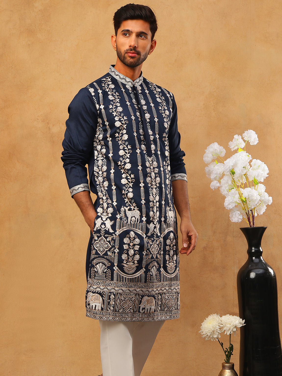 Men Silk Blend Embroidered Kurta Pyjama (65KP 5415 Navy ) [FF] [B-1-2]
