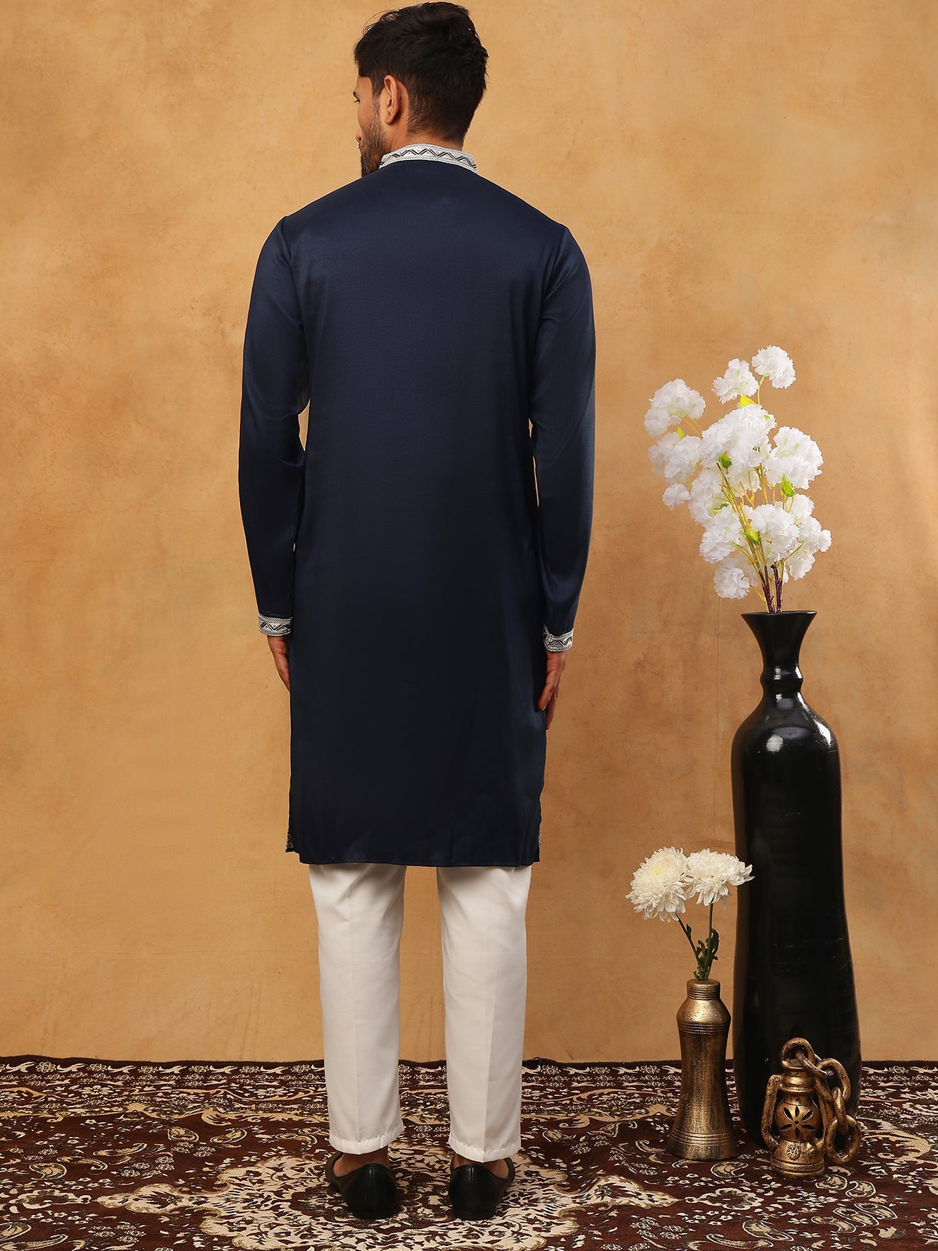 Men Silk Blend Embroidered Kurta Pyjama (65KP 5415 Navy ) [FF] [B-1-2]