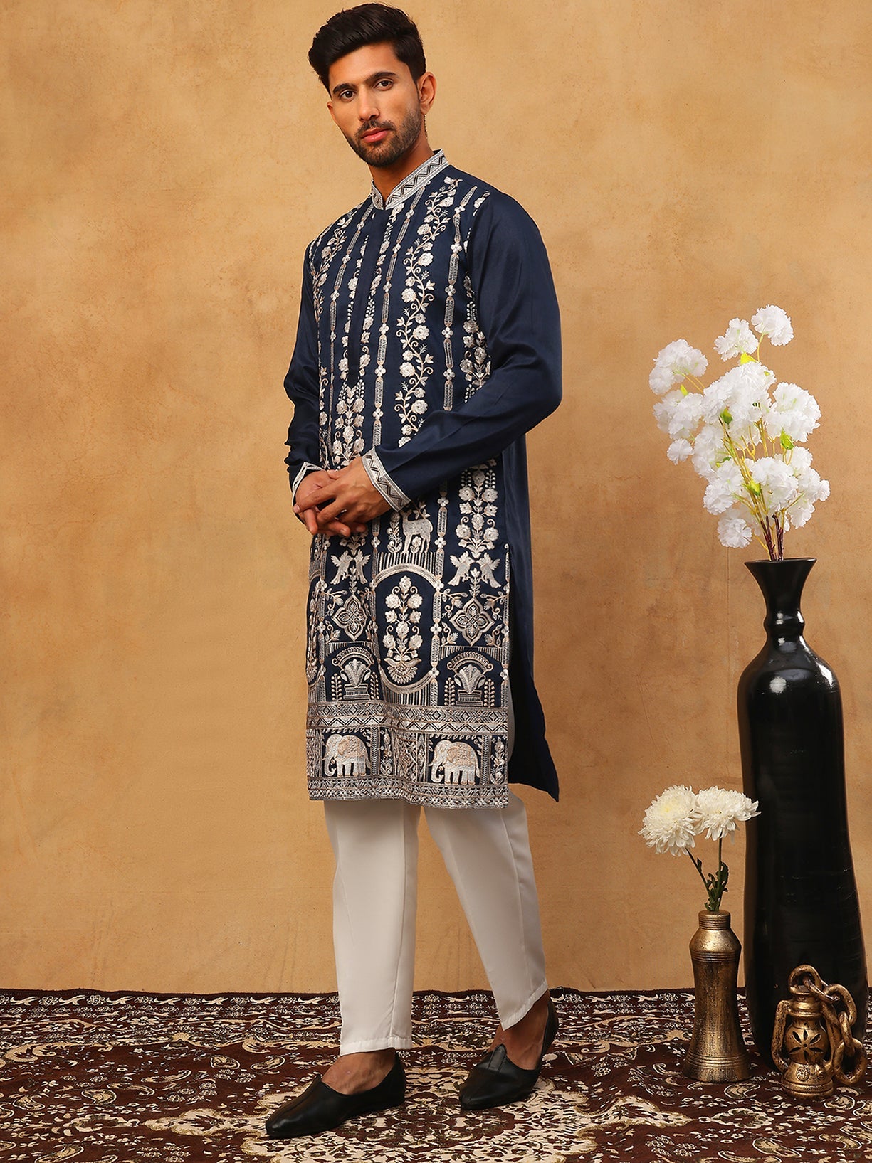 Men Silk Blend Embroidered Kurta Pyjama (65KP 5415 Navy ) [FF] [B-1-2]
