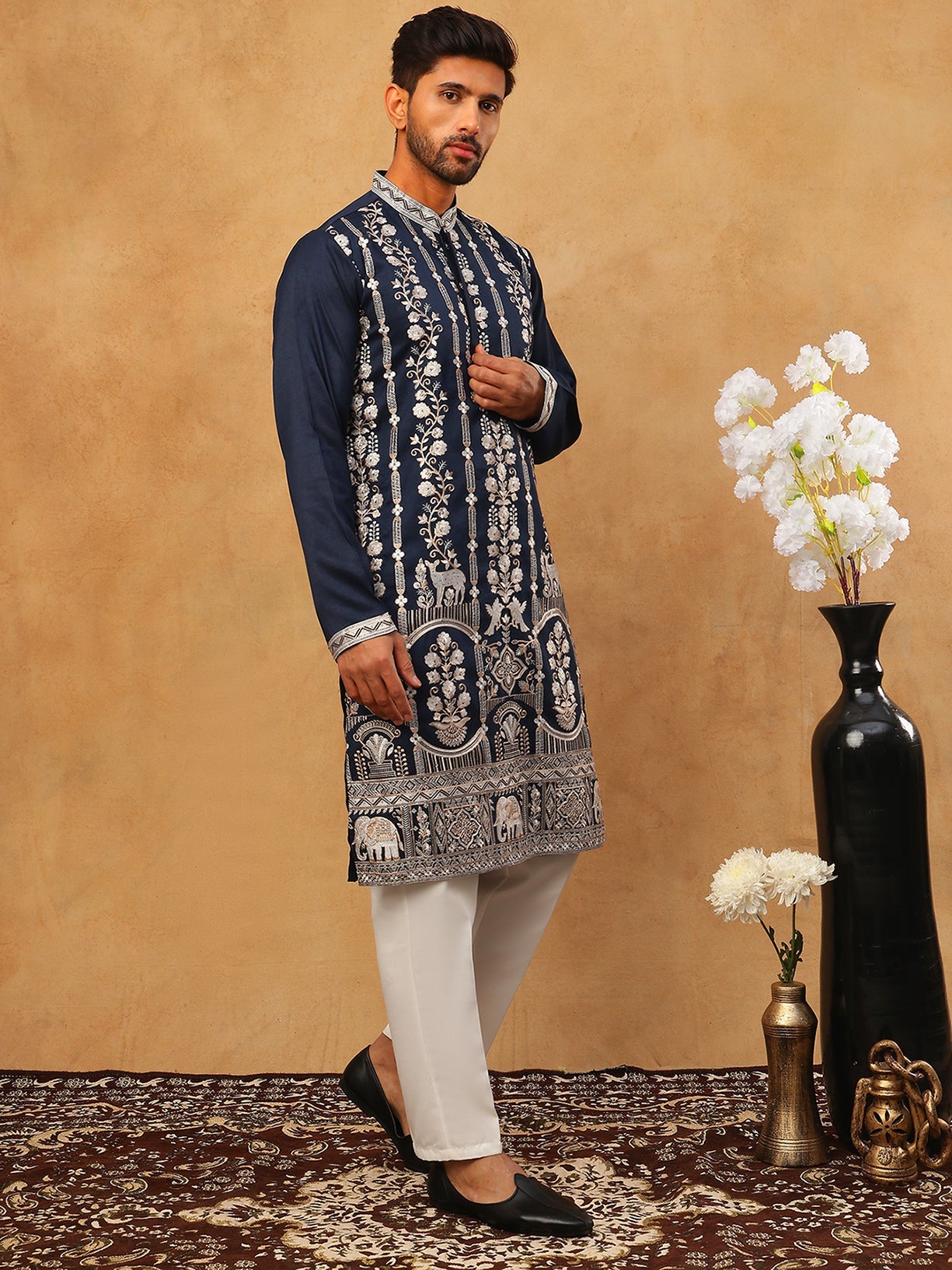 Men Silk Blend Embroidered Kurta Pyjama (65KP 5415 Navy ) [FF] [B-1-2]