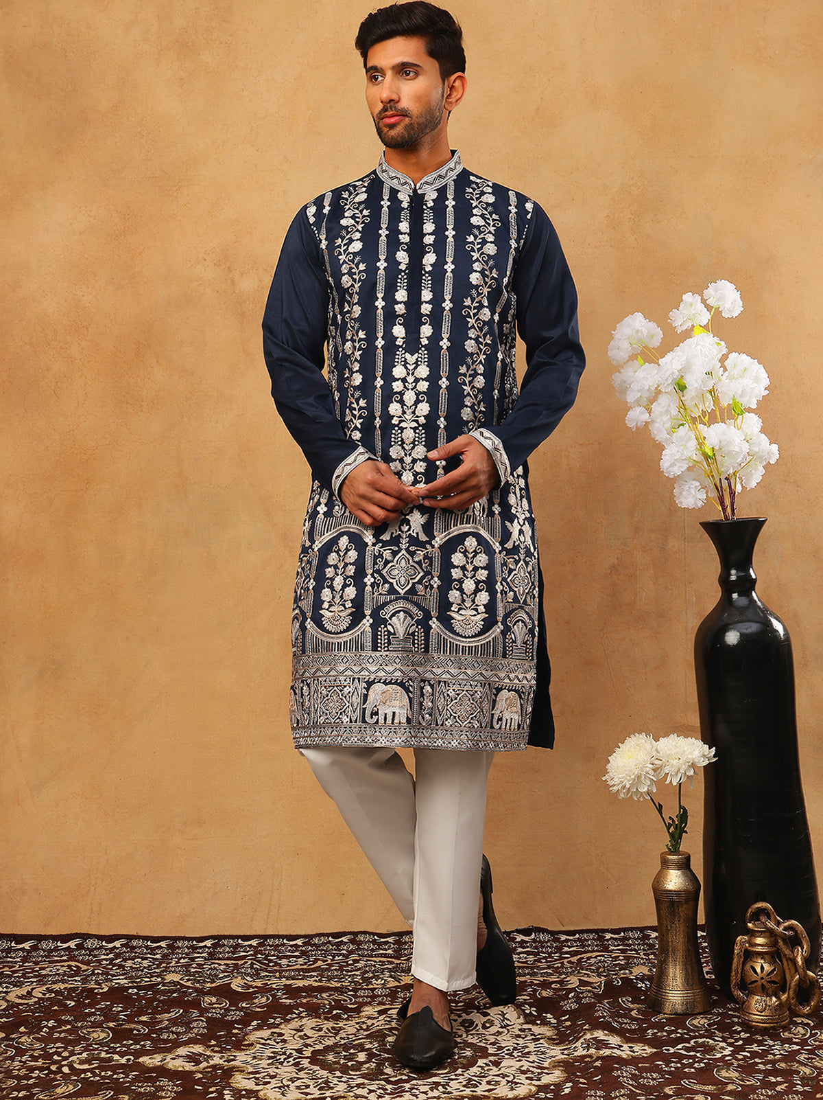Men Silk Blend Embroidered Kurta Pyjama (65KP 5415 Navy ) [FF] [B-1-2]