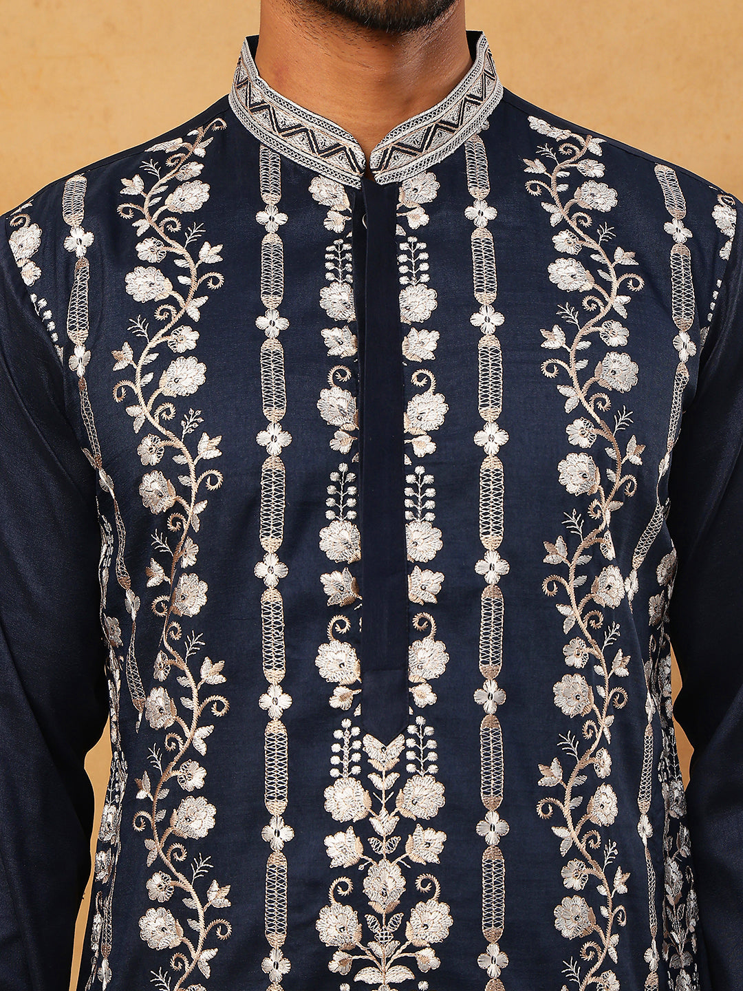 Men Silk Blend Embroidered Kurta Pyjama (65KP 5415 Navy ) [FF] [B-1-2]