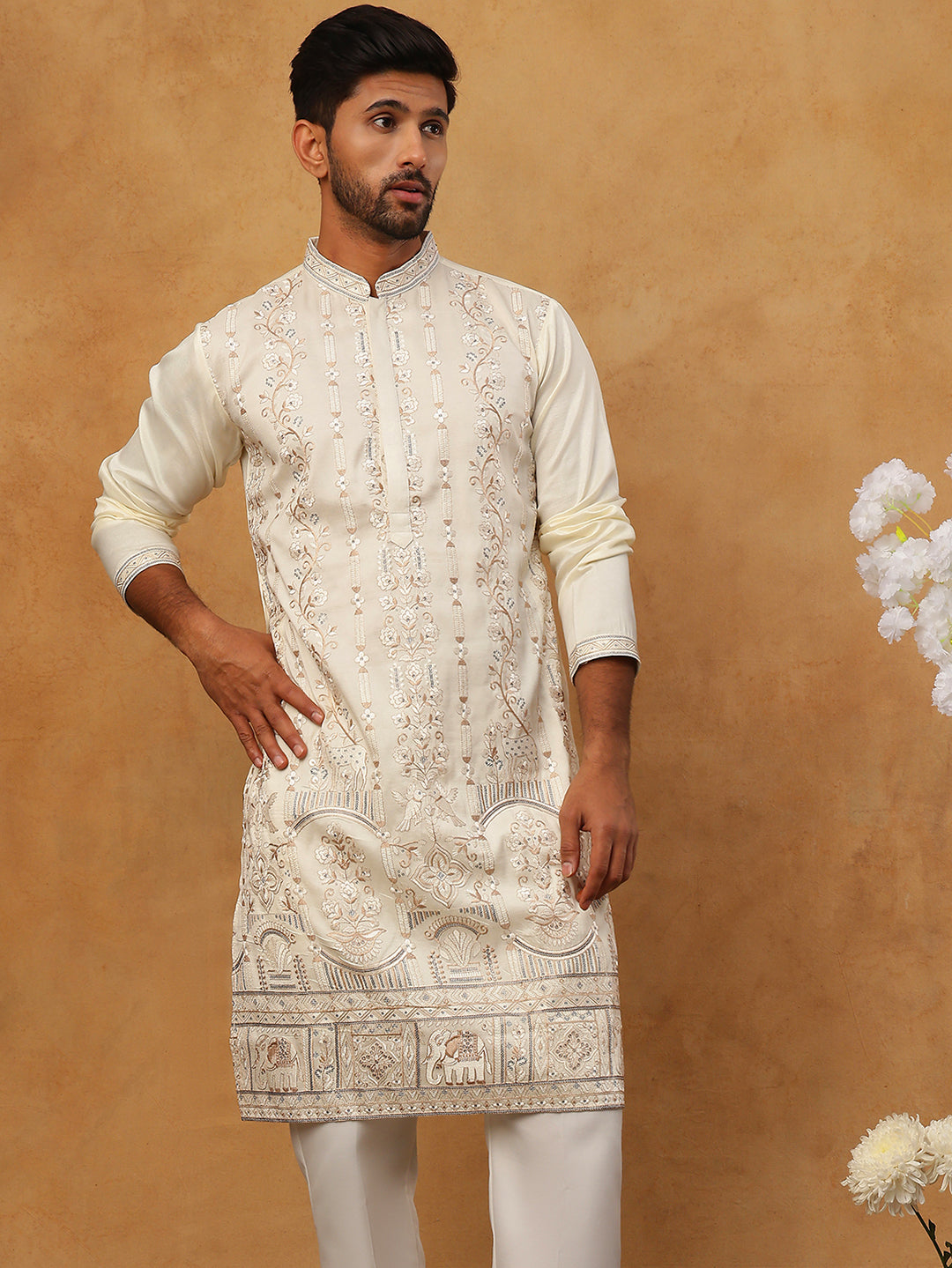 Men Silk Blend Embroidered Kurta Pyjama (65KP 5415 White ) [FF] [B-1-2]