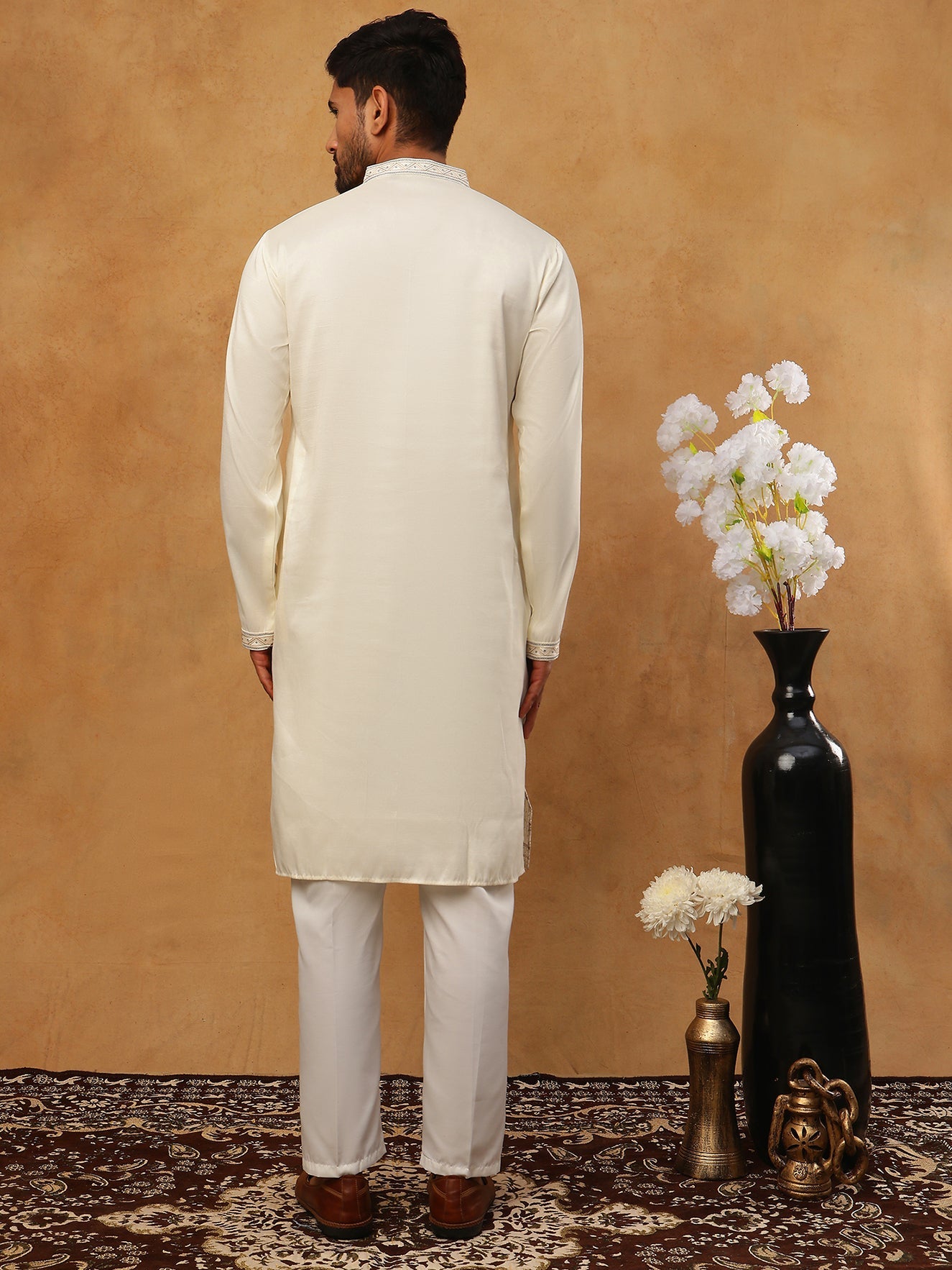 Men Silk Blend Embroidered Kurta Pyjama (65KP 5415 White ) [FF] [B-1-2]