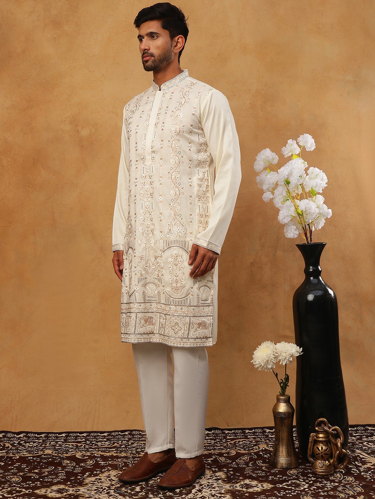 Men Silk Blend Embroidered Kurta Pyjama (65KP 5415 White ) [FF] [B-1-2]