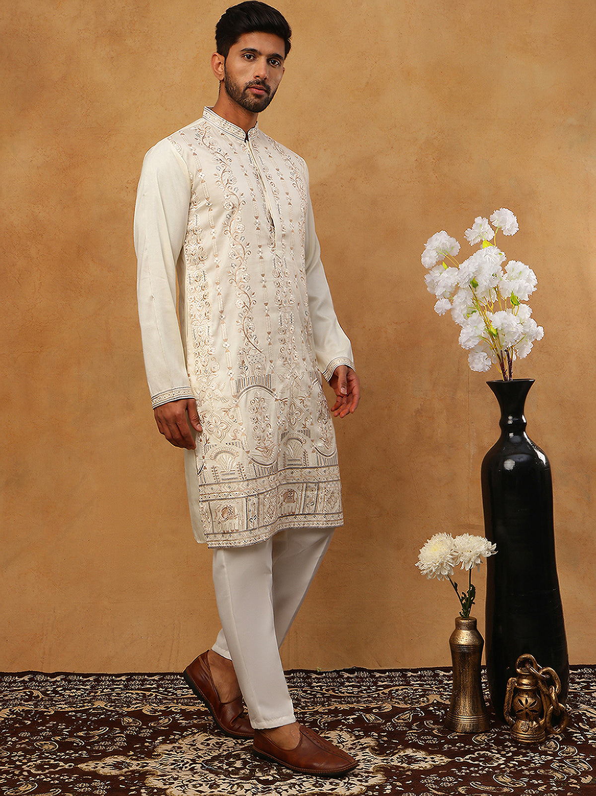 Men Silk Blend Embroidered Kurta Pyjama (65KP 5415 White ) [FF] [B-1-2]