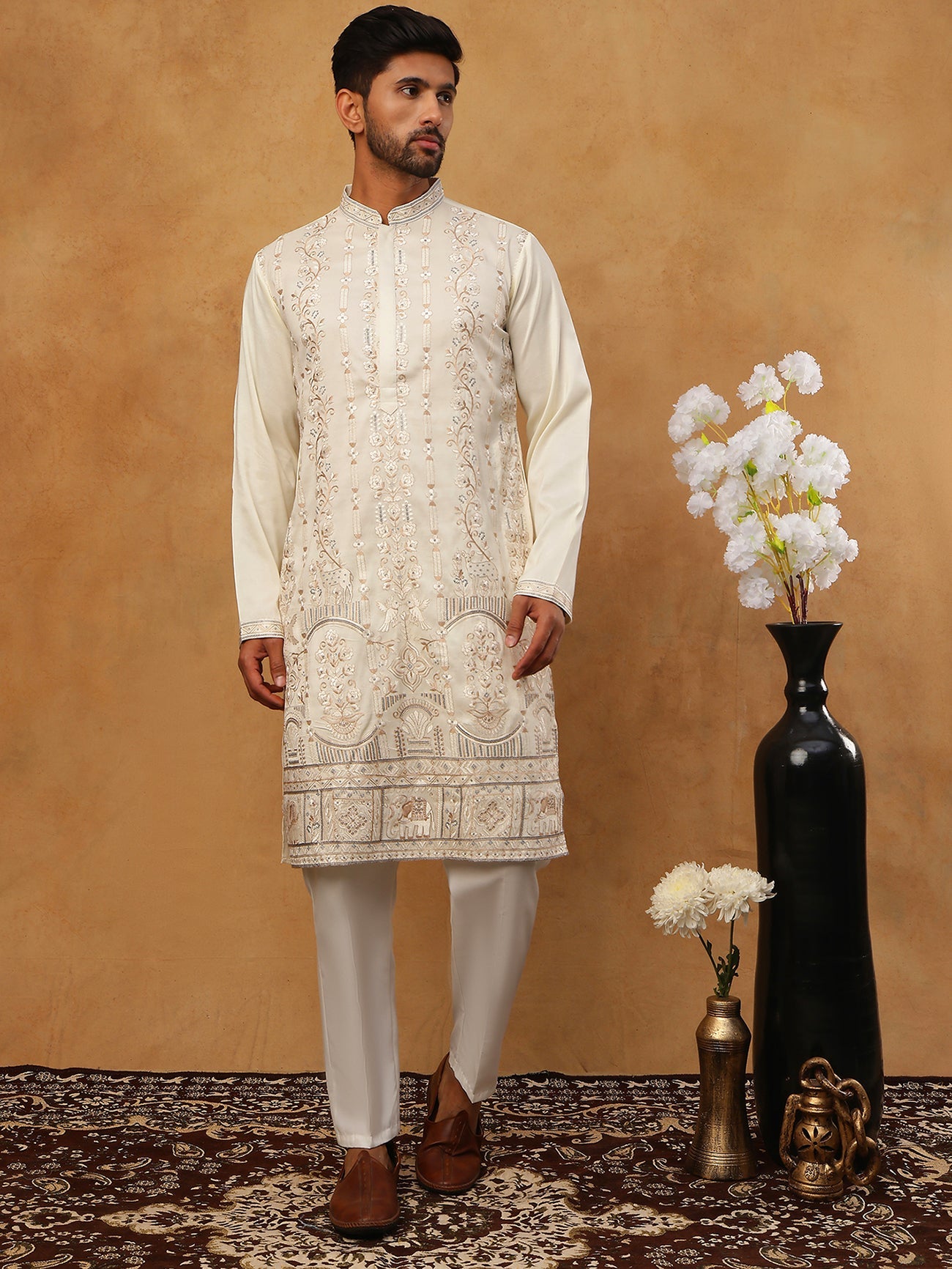 Men Silk Blend Embroidered Kurta Pyjama (65KP 5415 White ) [FF] [B-1-2]
