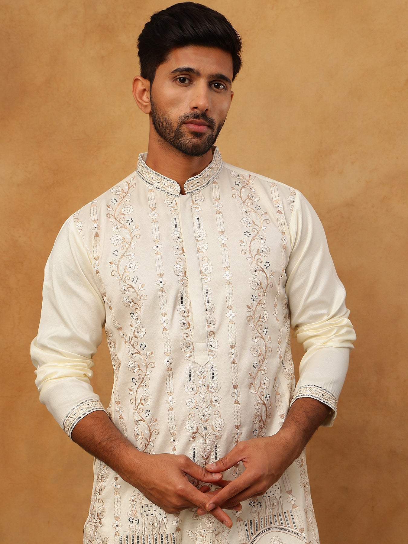 Men Silk Blend Embroidered Kurta Pyjama (65KP 5415 White ) [FF] [B-1-2]