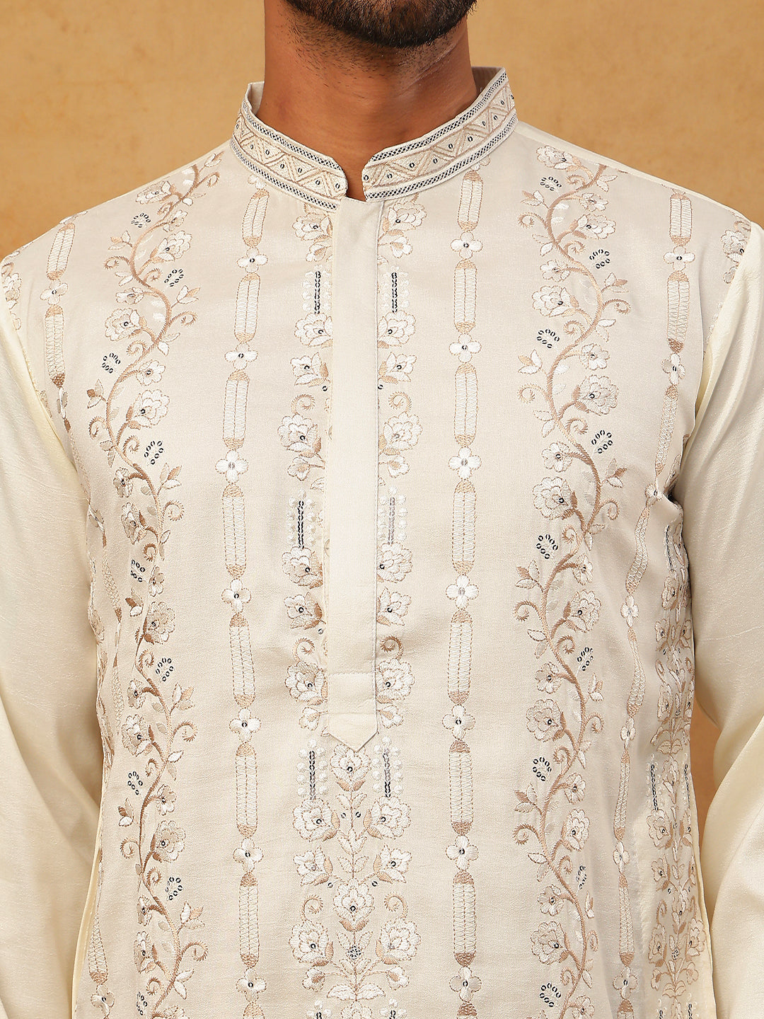 Men Silk Blend Embroidered Kurta Pyjama (65KP 5415 White ) [FF] [B-1-2]