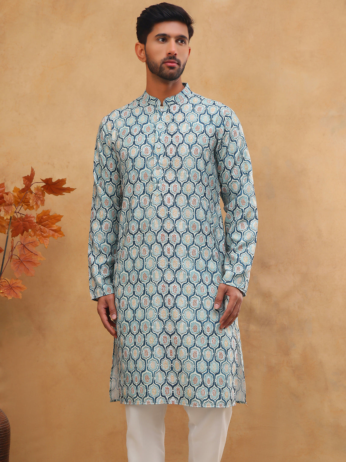 Printed Cotton Blend Kurta Pyjama with Thread Work (65KP 5416 Blue ) [FF] [J-1]