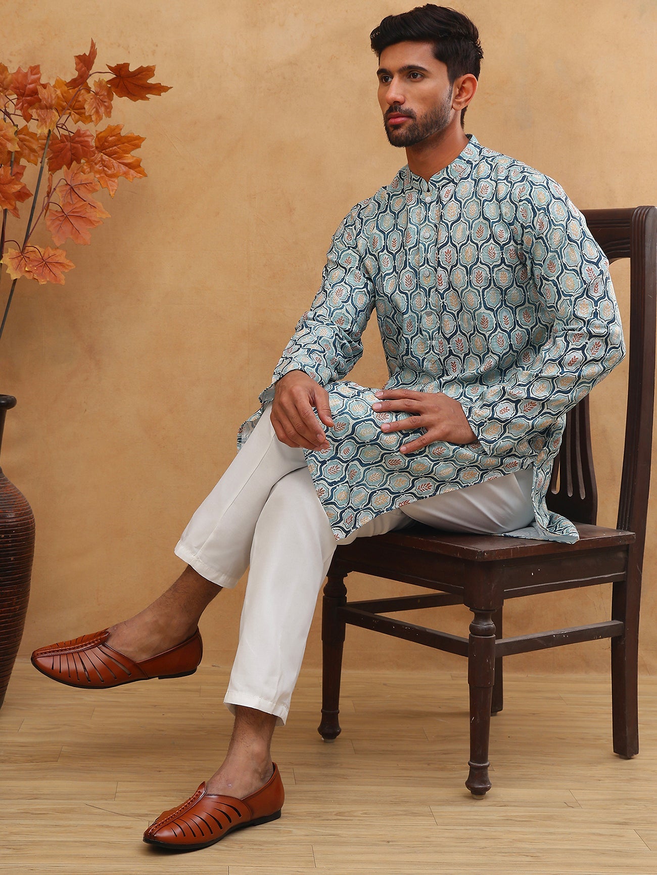 Printed Cotton Blend Kurta Pyjama with Thread Work (65KP 5416 Blue ) [FF] [J-1]