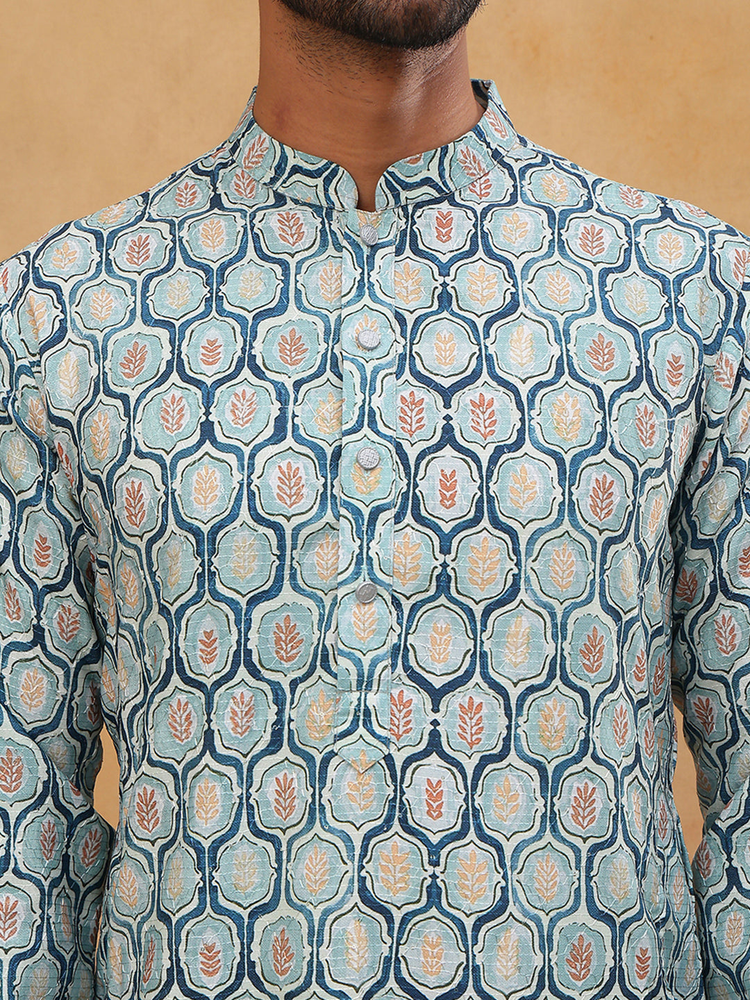 Printed Cotton Blend Kurta Pyjama with Thread Work (65KP 5416 Blue ) [FF] [J-1]