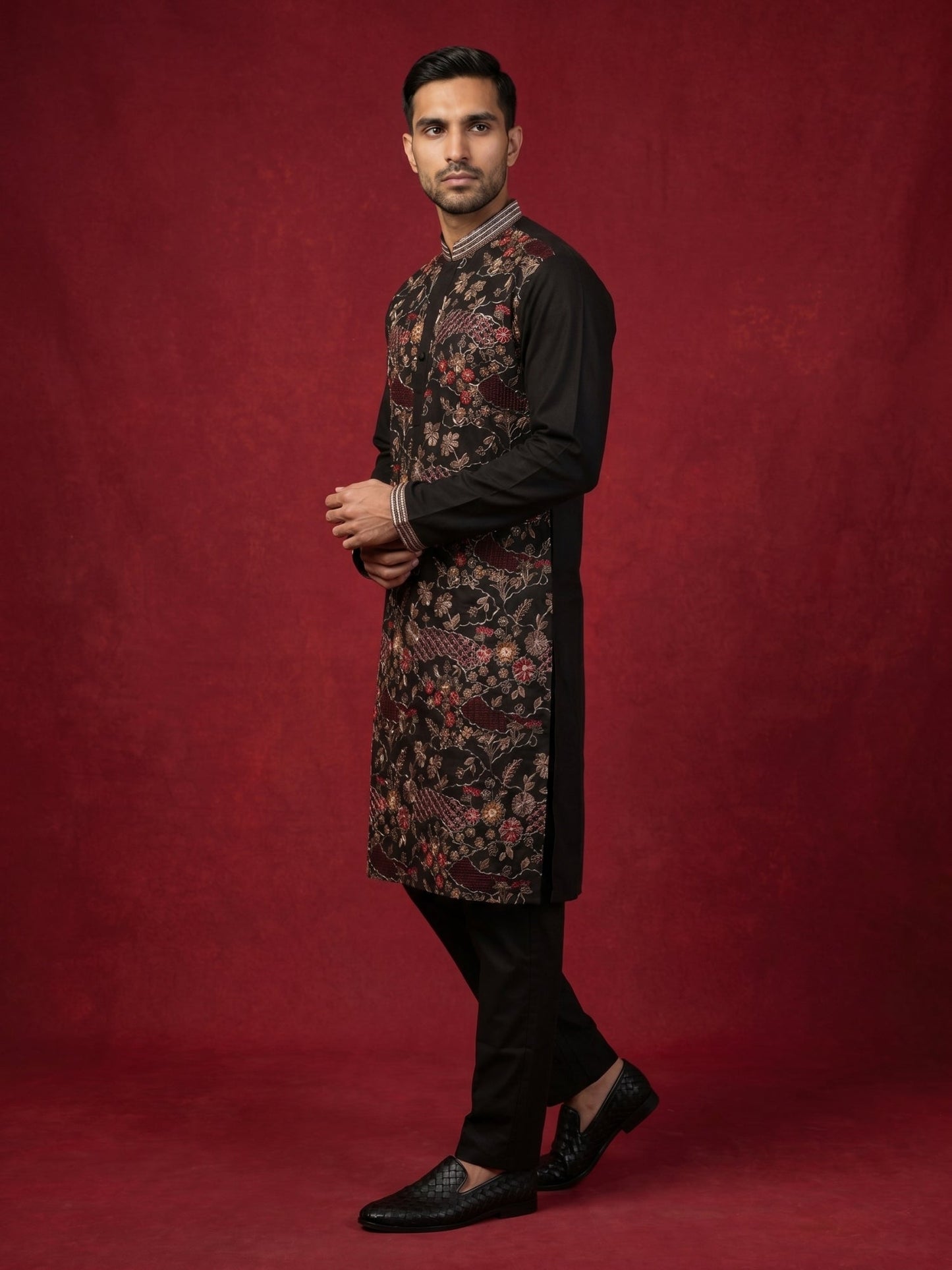 Premium Silk Blend Embroidered Kurta Pyjama ( 65KP B-P 5418Black )