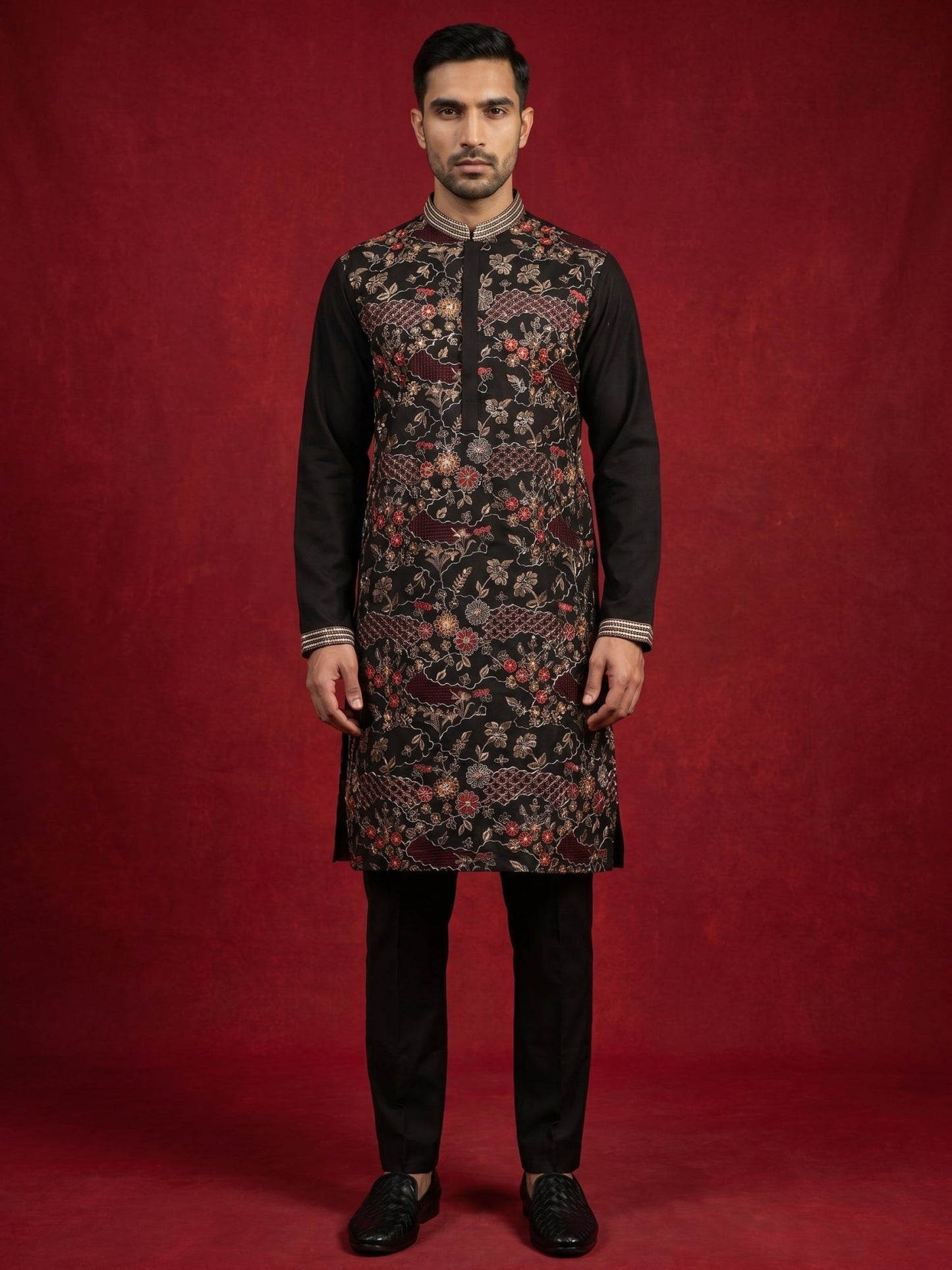 Premium Silk Blend Embroidered Kurta Pyjama ( 65KP B-P 5418Black )