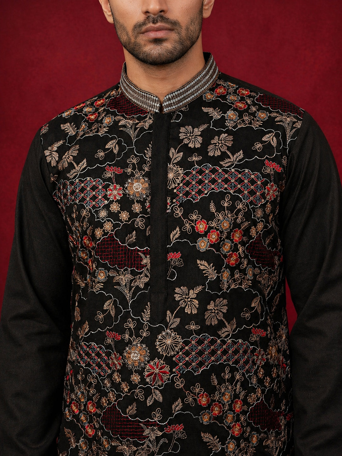 Premium Silk Blend Embroidered Kurta Pyjama ( 65KP B-P 5418Black )