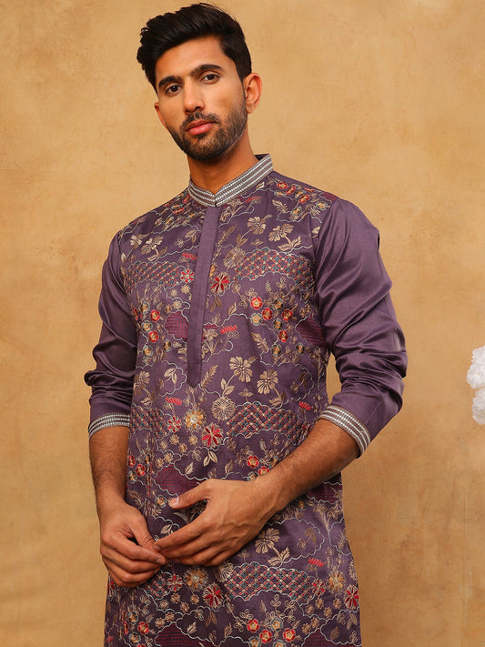 Premium Silk Blend Embroidered Kurta Pyjama (65KP 5418 Purple ) [FF] [B-12]