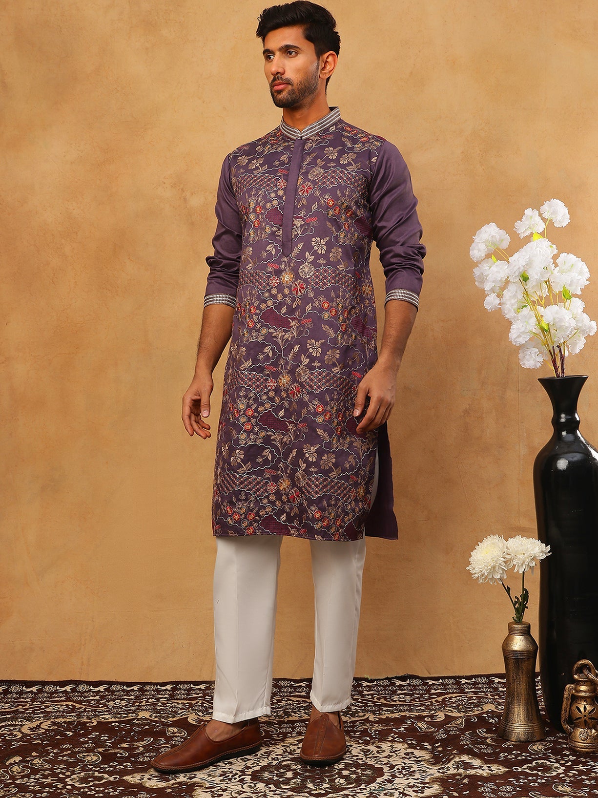 Premium Silk Blend Embroidered Kurta Pyjama (65KP 5418 Purple ) [FF] [B-12]