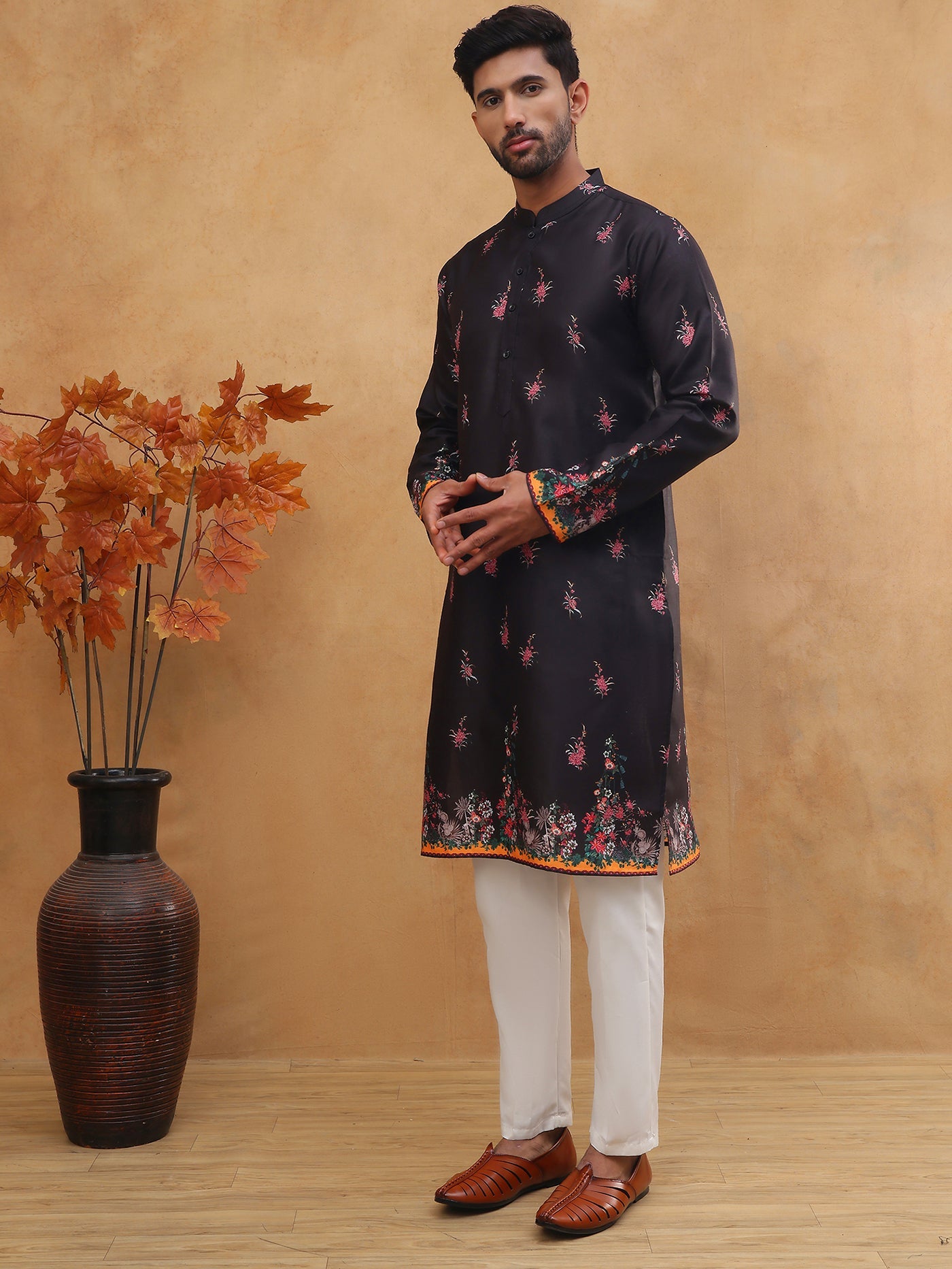 Cotton Blend Printed Straight Kurta Pyjama (65KP 5419 Black ) [FF] [O-14]