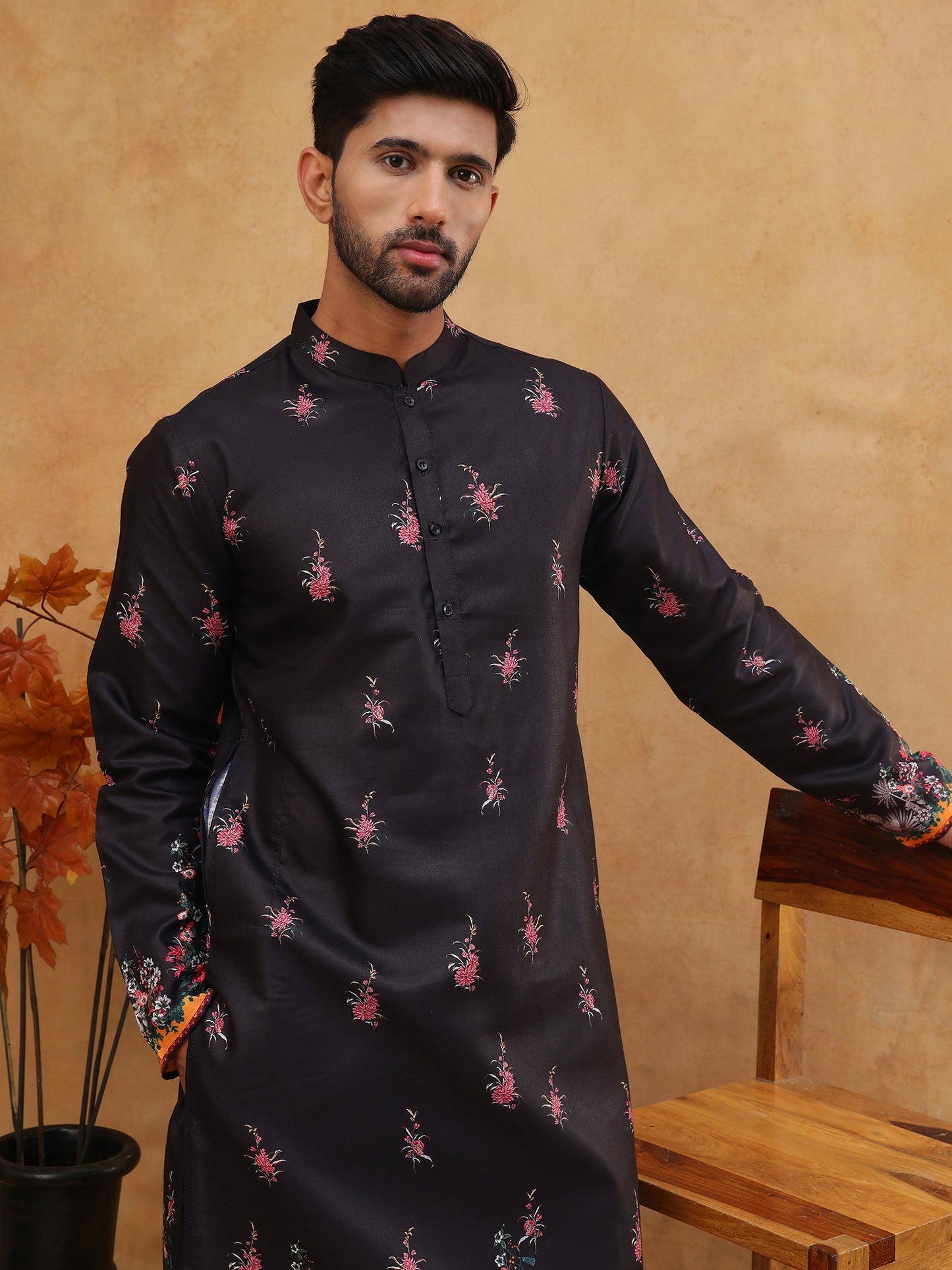 Cotton Blend Printed Straight Kurta Pyjama (65KP 5419 Black ) [FF] [O-14]