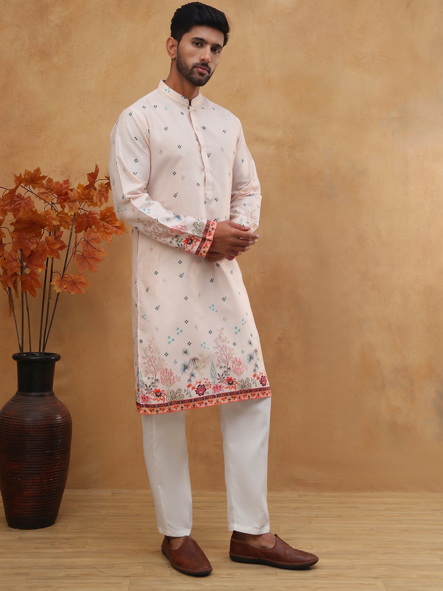 Cotton Blend Printed Straight Kurta Pyjama (65KP 5419 Peach ) [FF] [O-14]