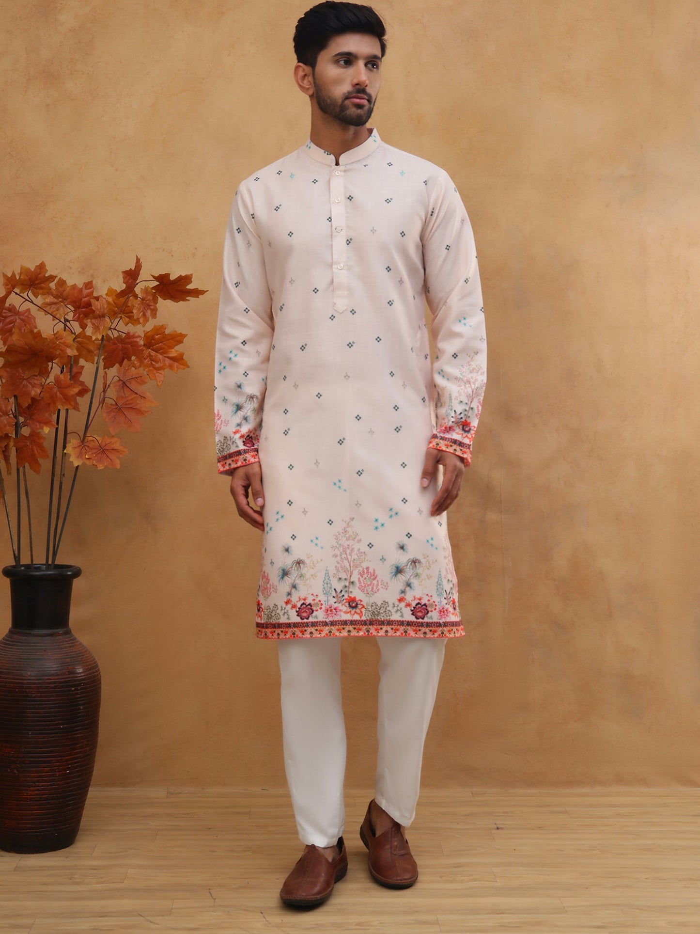 Cotton Blend Printed Straight Kurta Pyjama (65KP 5419 Peach ) [FF] [O-14]
