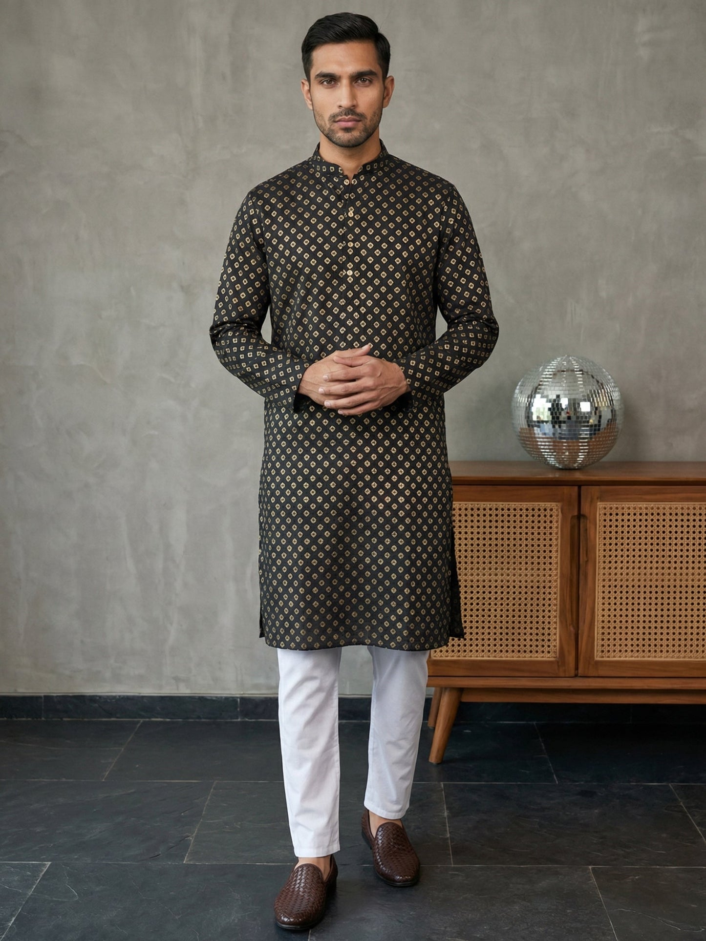 Festive Cotton Blend Printed Kurta Pyjama Set ( 65KP P 5421Black ) [FF] [P-11-10]