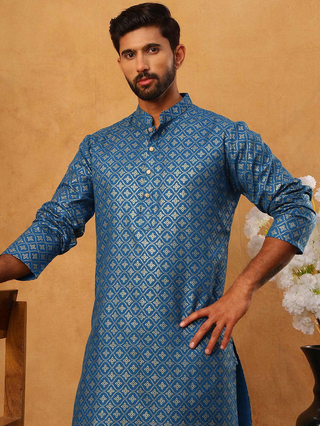 Festive Cotton Blend Printed Kurta Pyjama Set (65KP 5421 Blue ) [FF] [P-11-10]