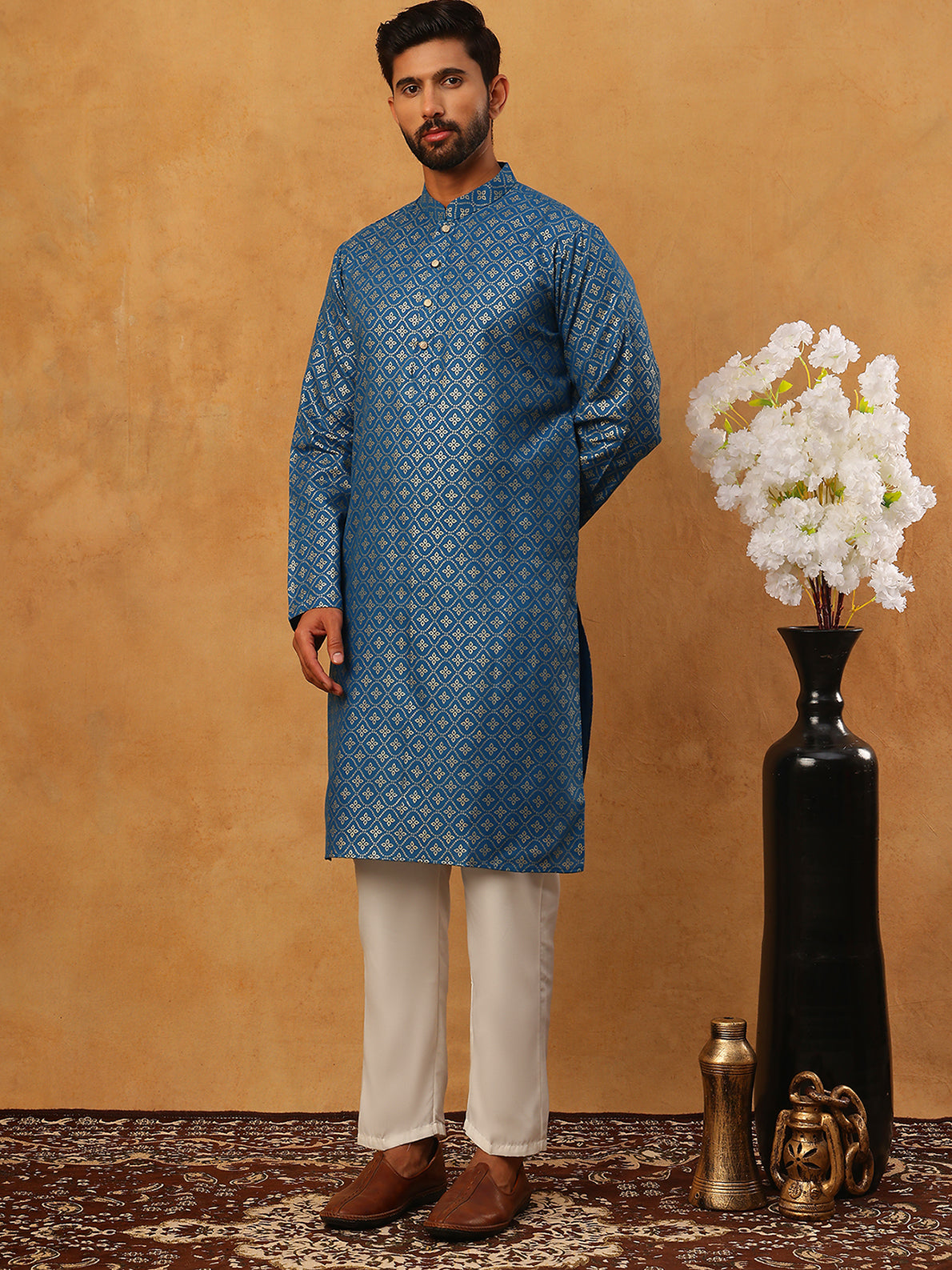 Festive Cotton Blend Printed Kurta Pyjama Set (65KP 5421 Blue ) [FF] [P-11-10]