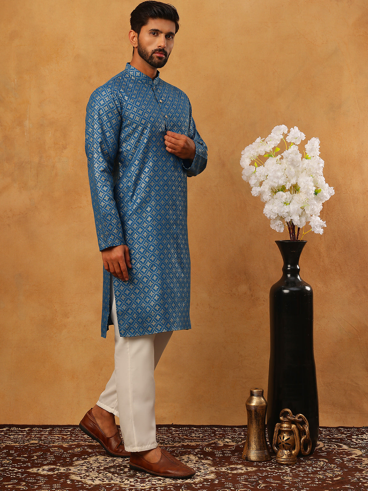Festive Cotton Blend Printed Kurta Pyjama Set (65KP 5421 Blue ) [FF] [P-11-10]