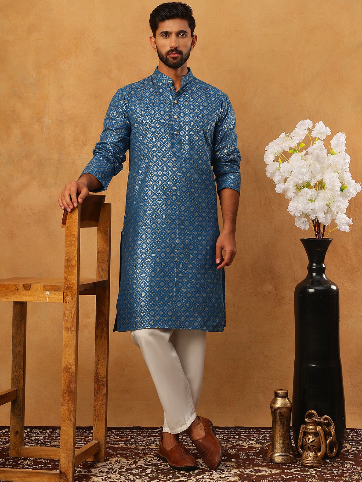 Festive Cotton Blend Printed Kurta Pyjama Set (65KP 5421 Blue ) [FF] [P-11-10]