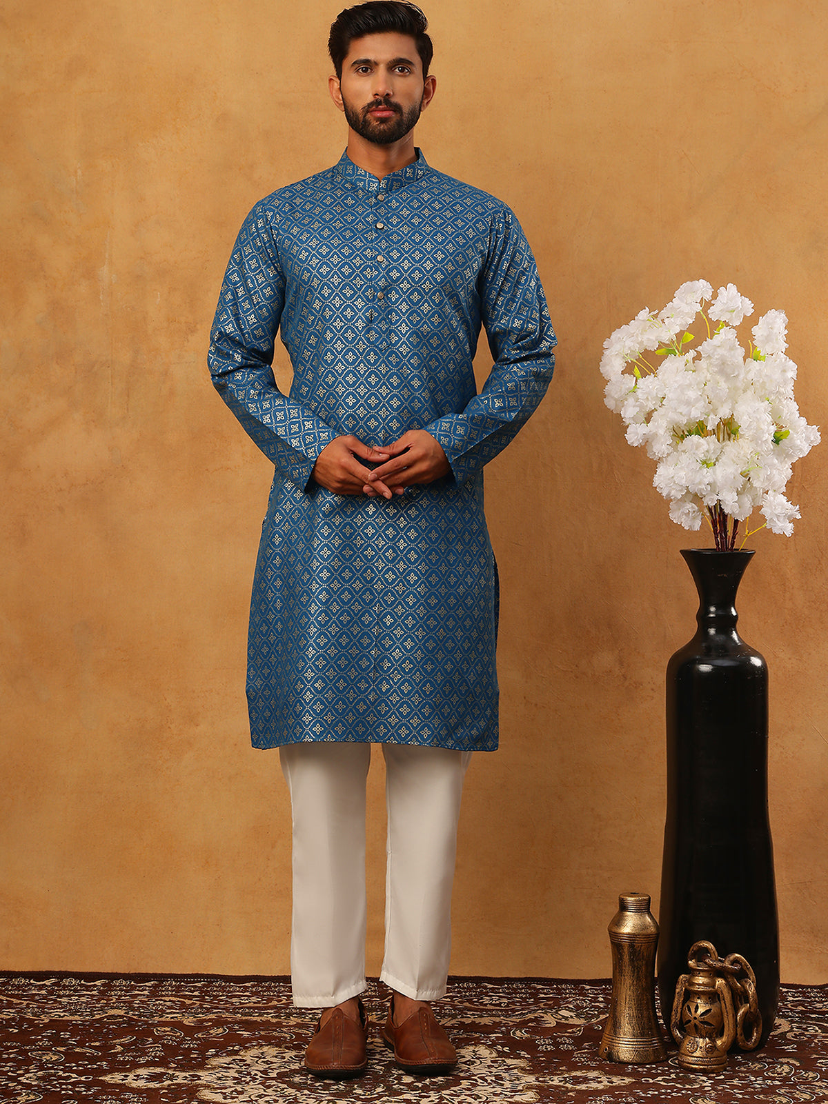 Festive Cotton Blend Printed Kurta Pyjama Set (65KP 5421 Blue ) [FF] [P-11-10]