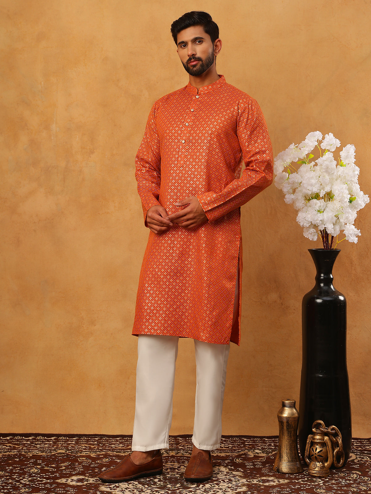 Festive Cotton Blend Printed Kurta Pyjama Set (65KP 5421 Orange ) [FF] [P-11-10]