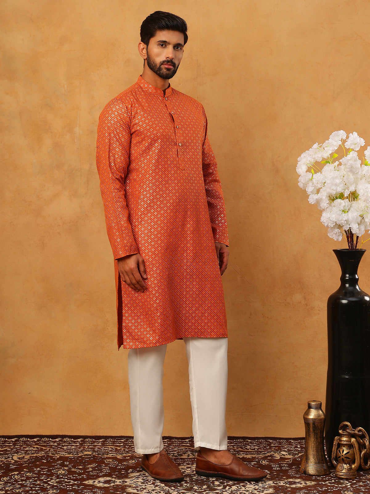 Festive Cotton Blend Printed Kurta Pyjama Set (65KP 5421 Orange ) [FF] [P-11-10]