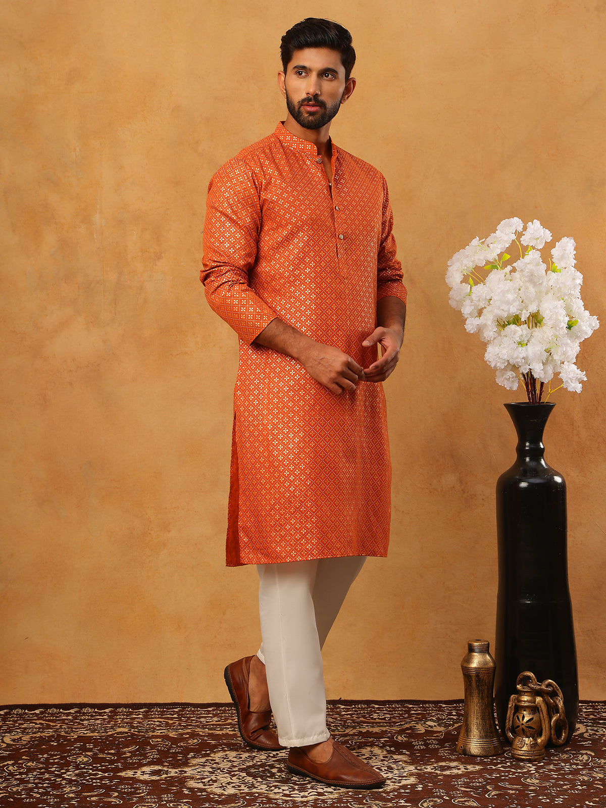 Festive Cotton Blend Printed Kurta Pyjama Set (65KP 5421 Orange ) [FF] [P-11-10]