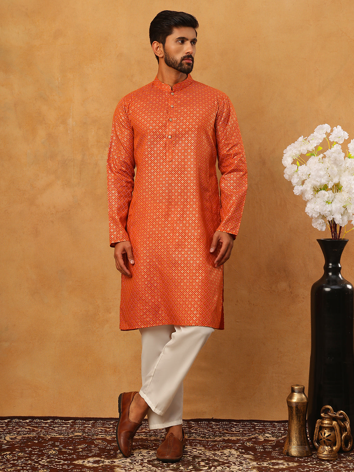 Festive Cotton Blend Printed Kurta Pyjama Set (65KP 5421 Orange ) [FF] [P-11-10]